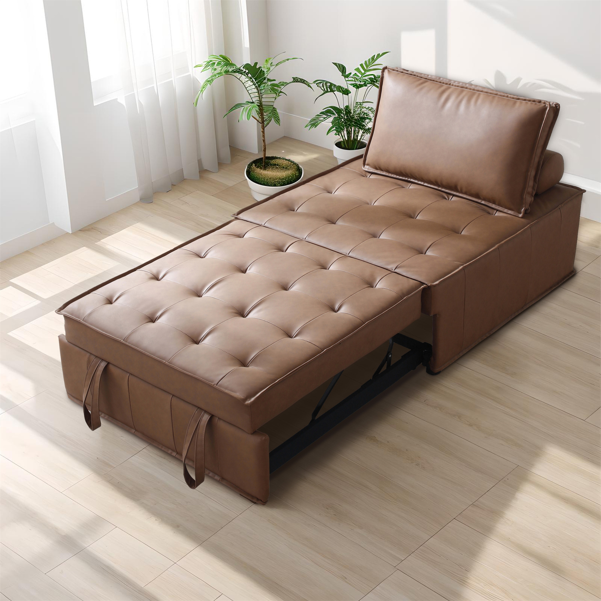 Gexpusm Pull Out Lazy Ottoman Sofa Bed with Removable Backrest, Small Faux Leather Convertible Sleeper Sofa for Living Room Apartment, Brown