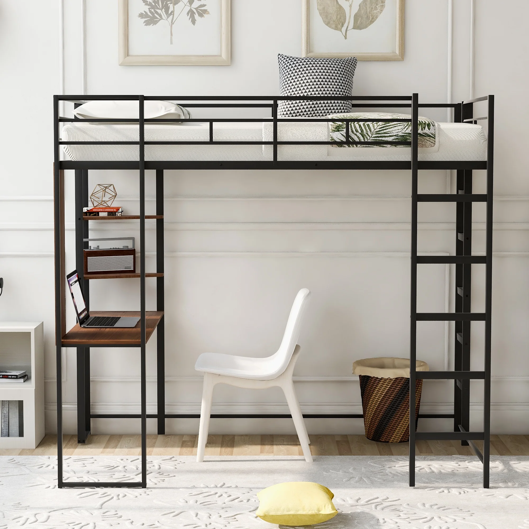 Kids Child Twin Size Metal Loft Bed with Writing Desk and Storage Shelves, Slatted Base Bed Frame with Ladder and Safety Guardrails, No Box Spring Needed
