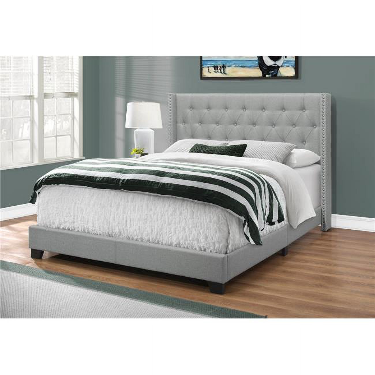 Monarch Specialties  Grey Linen Chrome Trim Queen Size Bed