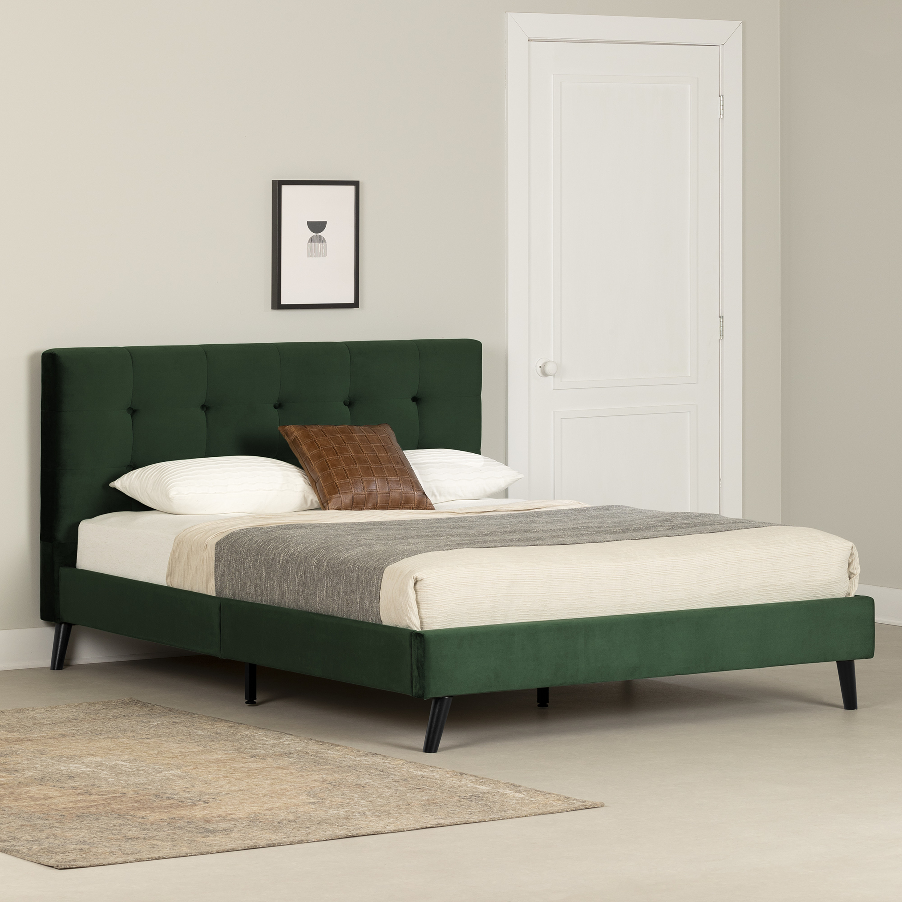 South Shore Flam Upholstered Queen Adult Platform Bed with Headboard, Dark Green