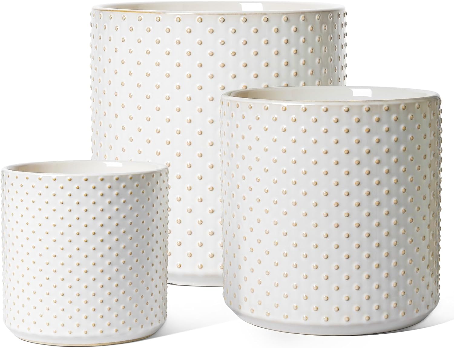 BEMAY 6/8/10 Inch Ceramic Plant Pots, Boho Ceramic Farmhouse Plant Pots with Drainage Hole and Saucer, Set of 3, Arctic White