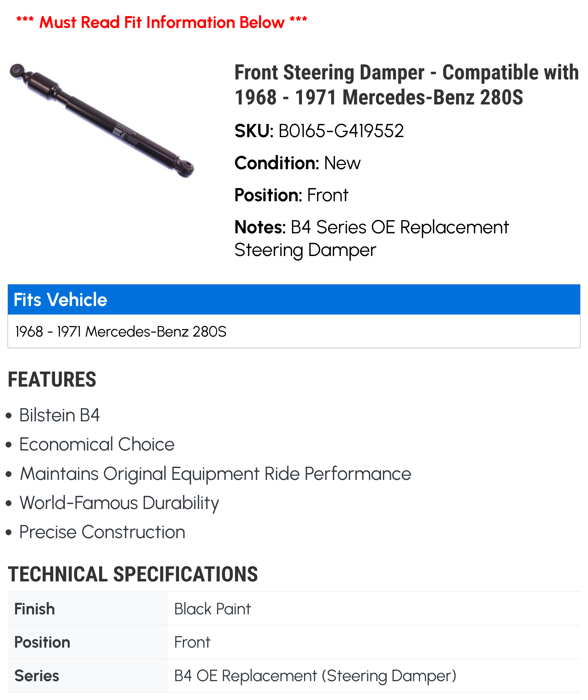 Front Steering Damper - Compatible with 1968 - 1971 Mercedes-Benz 280S 1969 1970