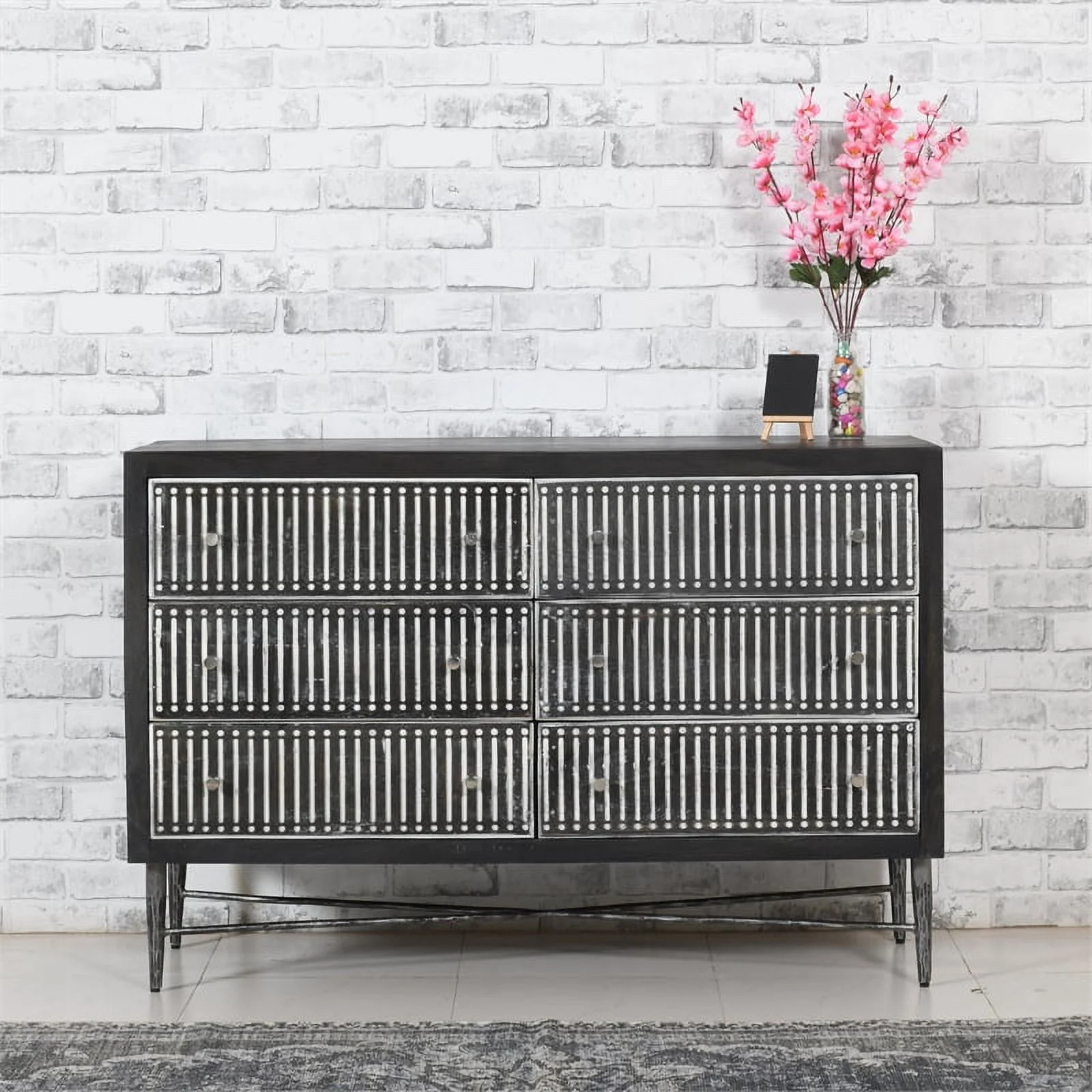 Sarah 6 Drawer Chest in Mango Solid Wood Antique Brown Finish on Forged Iron