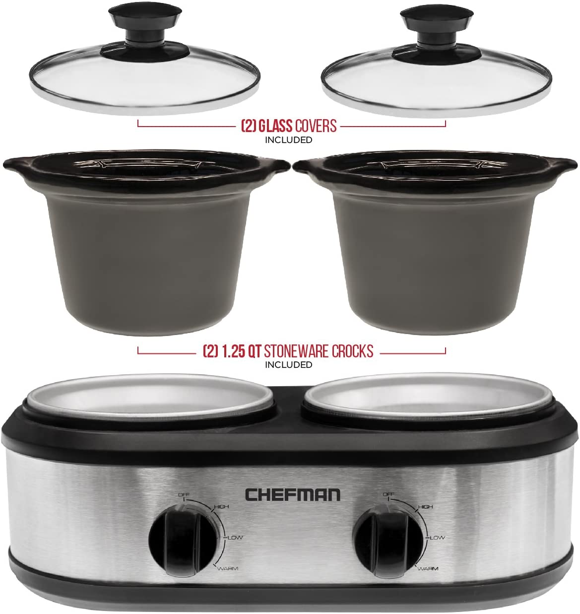 YONG RJ15-125-D Double Slow Cooker & Buffet Server with 2 Removable 1.25 Qt. Oval Crocks, Pot Inserts Individually Heat Controlled, 2.5 Quarts, Stainless Steel