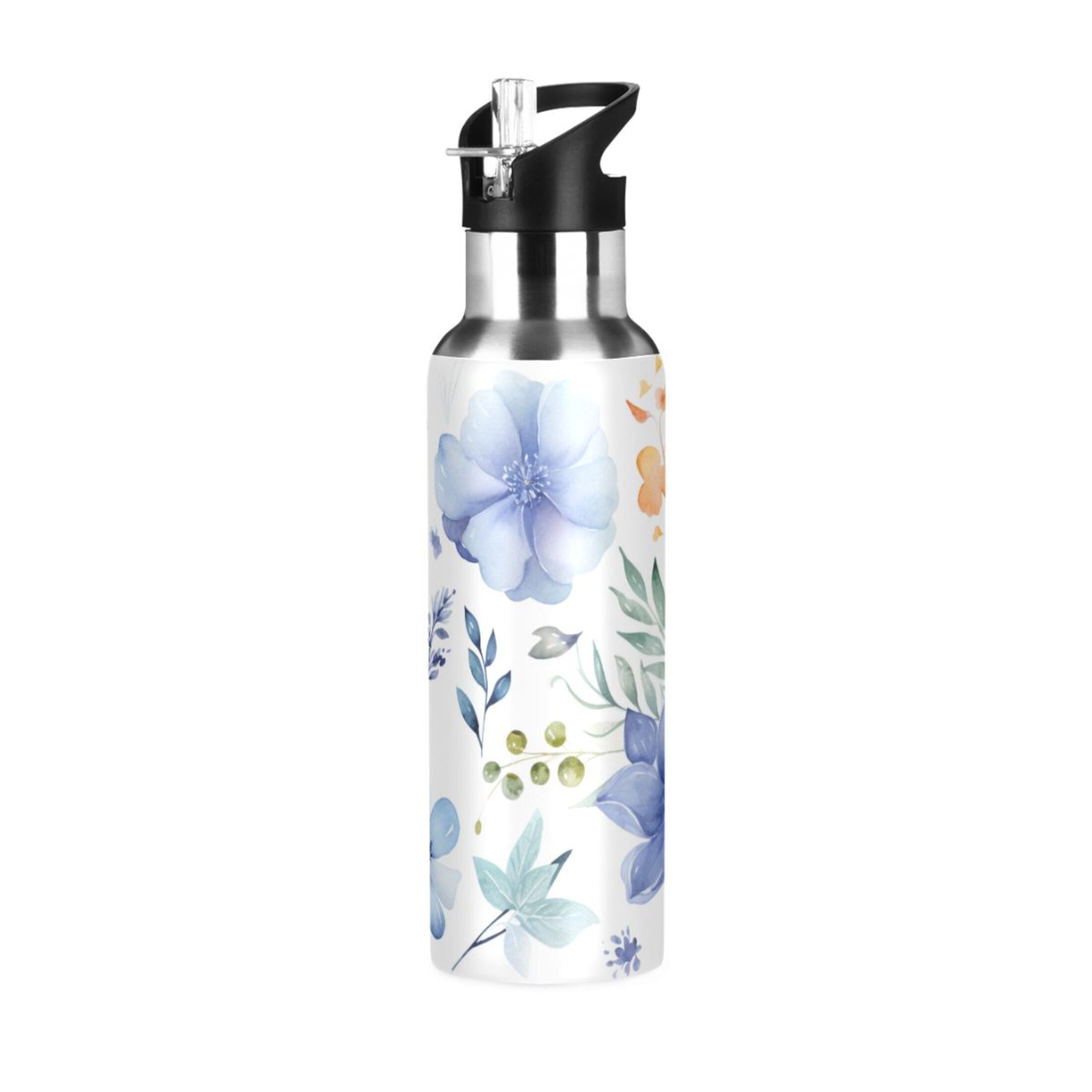 Blue Flower and Leaves Water Bottles Insulated Thermos Kids Stainless Steel Bottle with Straw Lid Flask Leakproof for Sports Gym 20 oz
