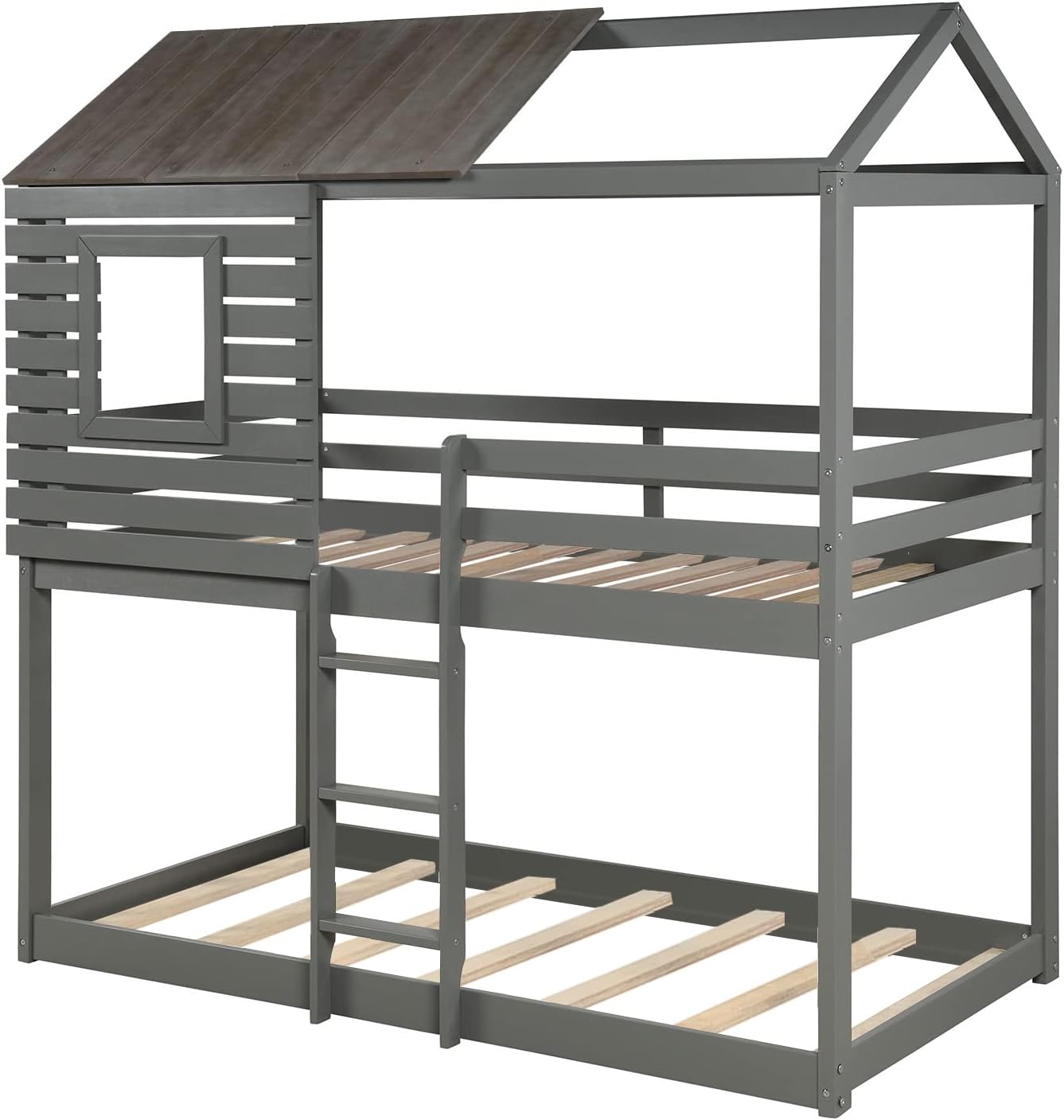 Over Bunk Bed, Wood House Bed Loft Bed Bedroom Furniture With Roof, Window, Guardrail & Ladder (Gray, Over )