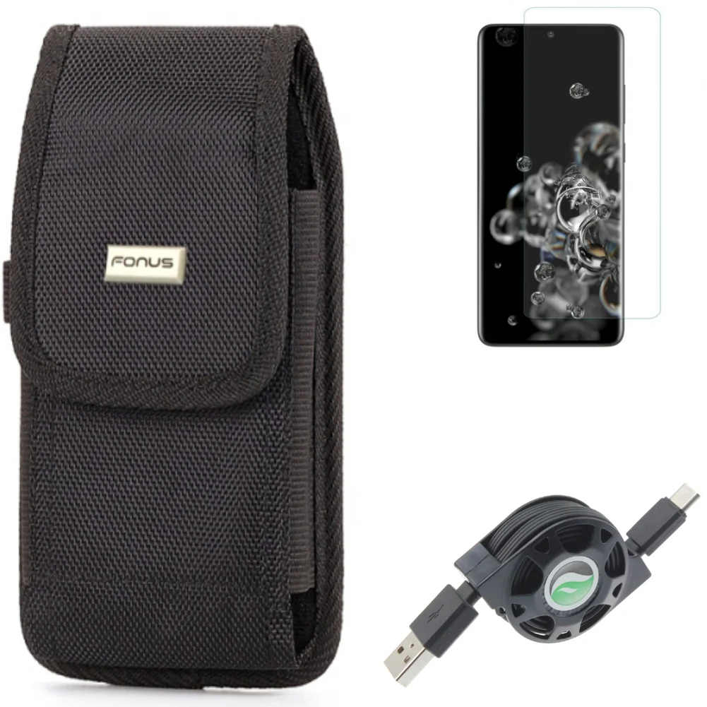 USB Cable w Screen Protector w Case Belt Clip for Samsung Galaxy S20 Ultra - Retractable Type-C Charger, Tempered Glass [Fingerprint Unlock] 3D Curved Edge, Swivel Holster fits Galaxy S20 Ultra