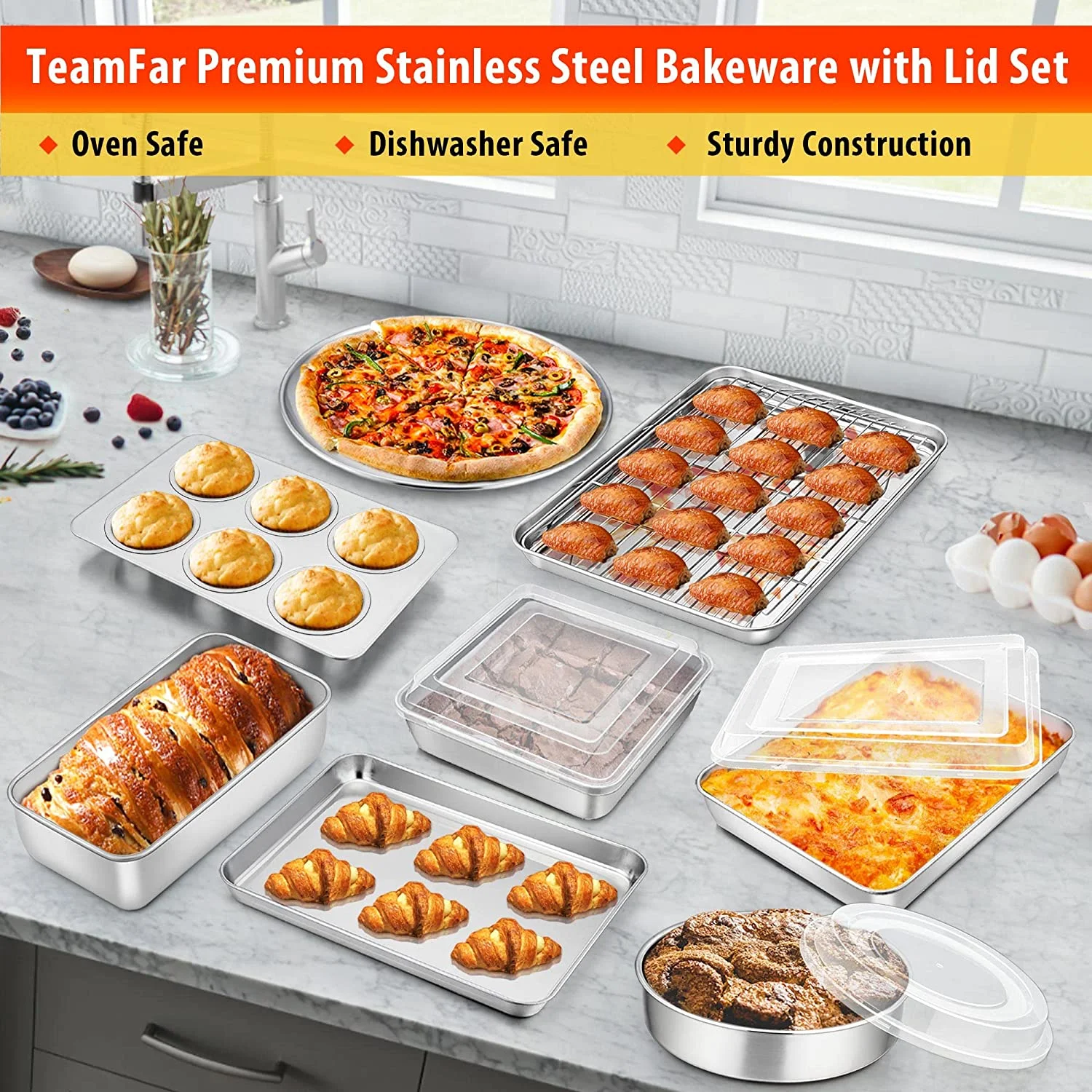 Bakeware, Stainless Steel Bakeware Sets with lids, Baking Sheet with Rack, Toaster Oven Pan & Pizza Pan, Lasagna Pan with Lids, Square & Round Cake Pan with Lids, Muffin & Loaf Pan, Healthy