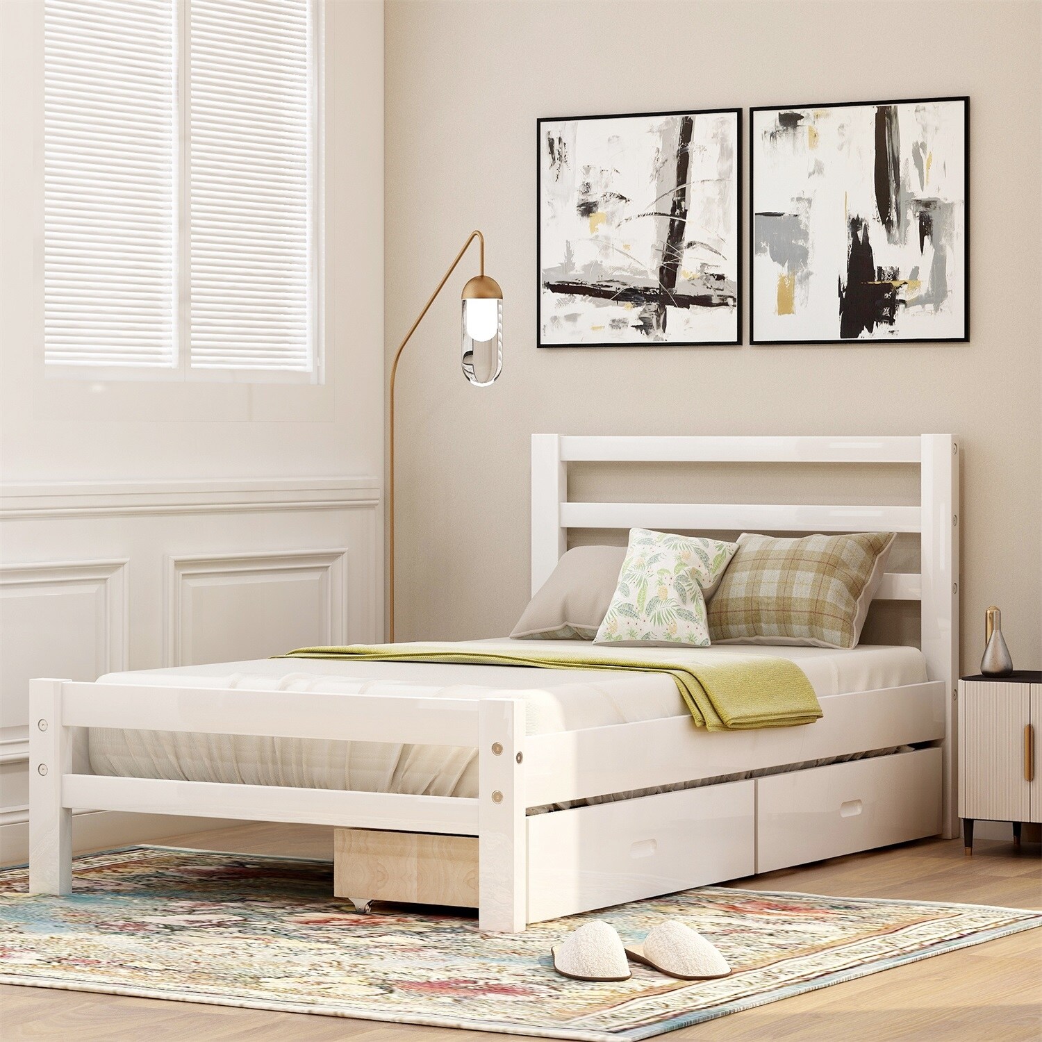 MERAX  Wood Twin Bed Frame with Storage Drawers and Headboard White Twin