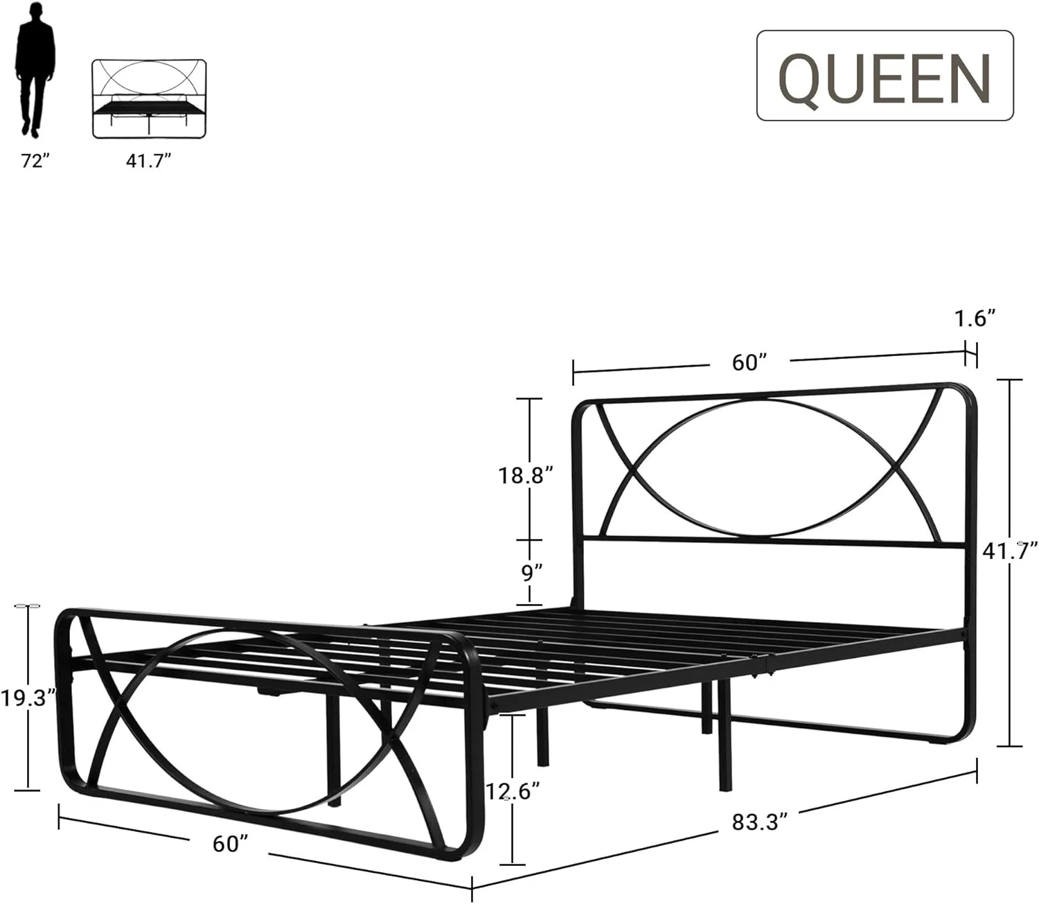 Minimalist Queen Bed Frame With Unique Semicircle Headboard - Platform Bed Frame Queen Size 12 Inch Fits Under Bed Storage - Metal Bed Frame Queen No Box Spring Needed Easy Essembly