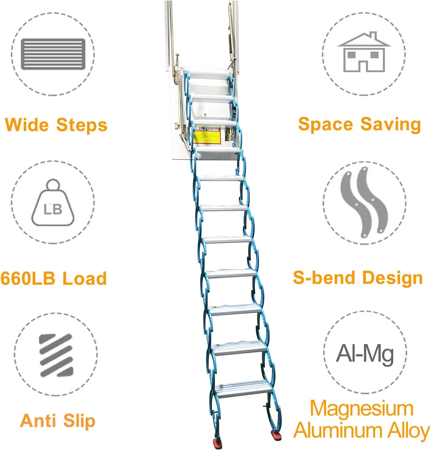 PreAsion Blue Side-mounted Loft Wall Ladder Stairs Al-mg Alloy Pulldown Wall Folding Stairs Attic Access Extension Ladder 11 Pedals