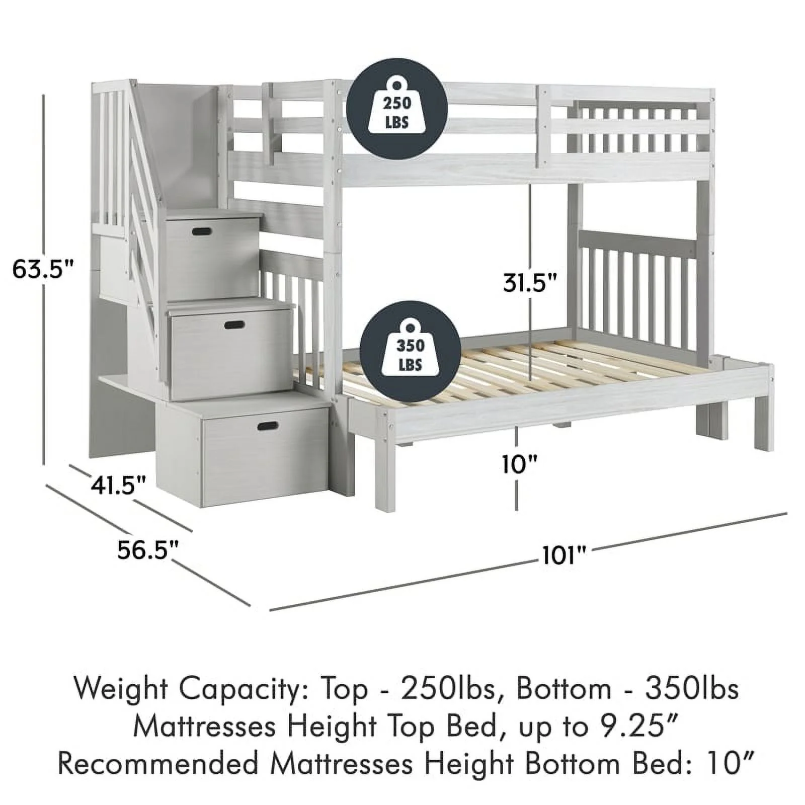 My Bed Now Everest Twin-over-Full Wood Bunk Bed with Staircase in White Mist