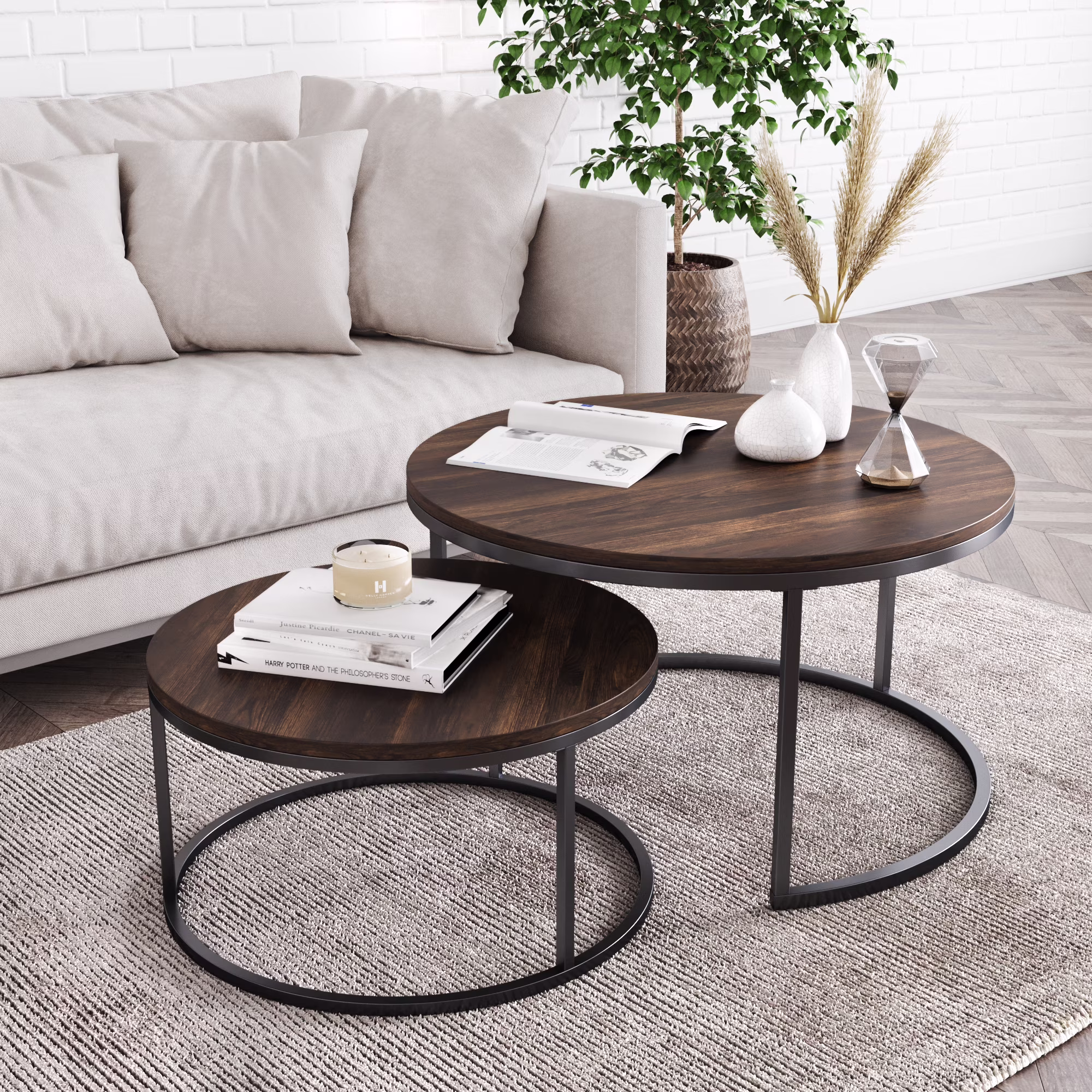 Nathan James Stella Round Nesting or Stacking Coffee Table Set of 2 Wood Finish Metal Frame, Warm Nutmeg/Black