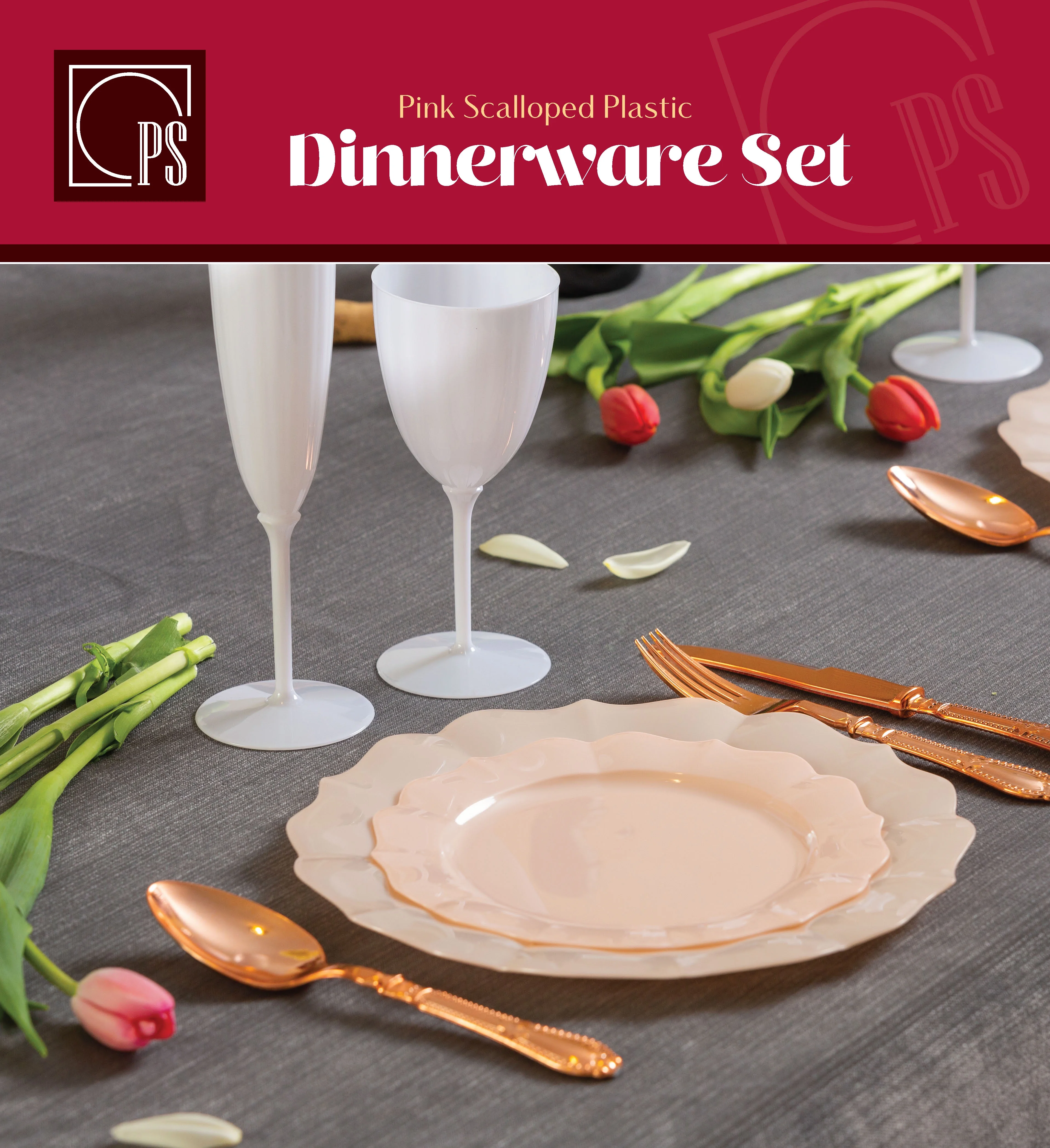 Pink Plastic Plates, Scalloped Rim Pearl Pink Disposable Party Plates, 20 10 inch Dinner Plates, 20 7.5 inch Salad/Dessert Plates - Posh Setting