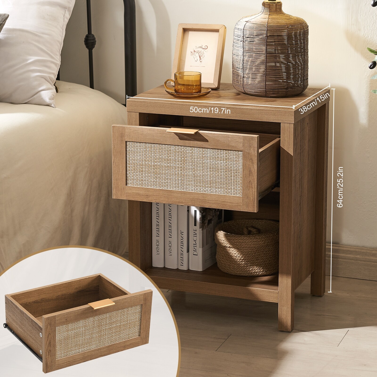 SICOTAS  Farmhouse Rattan Nightstand Set of 2 with Drawer and Storage Shelf Oak