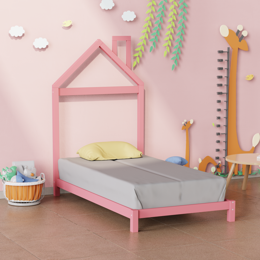 Twin Size Bed Frame for Kids,Wood Platform Bed with House-Shaped Headboard,Low Twin Bed for Girls Boys,Toddlers Bedroom,No Box Spring Needed,Easy Assembly (Pink)