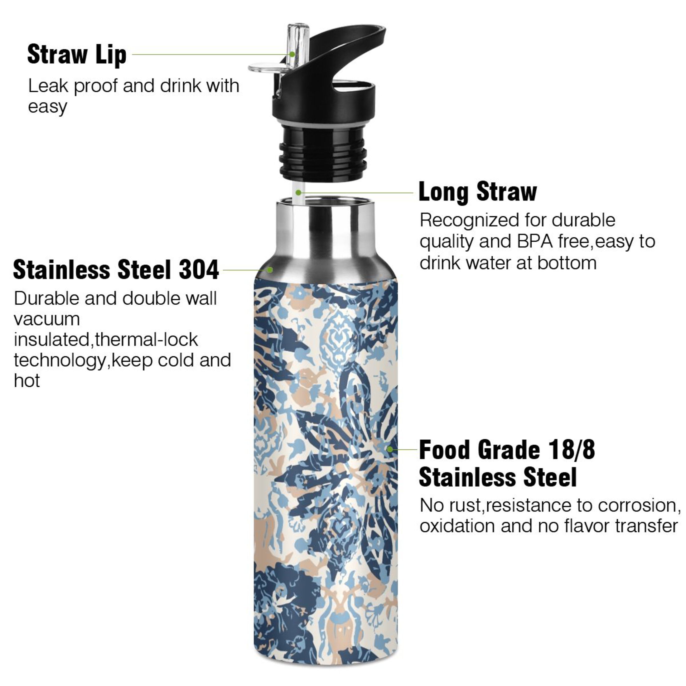 Water Bottle with Straw Lid Leak Floral and Paisley Flowers Stainless Steel Insulated Thermos Vacuum Flask for Cold Hot Drinking for Sports Camping Gym Yoga