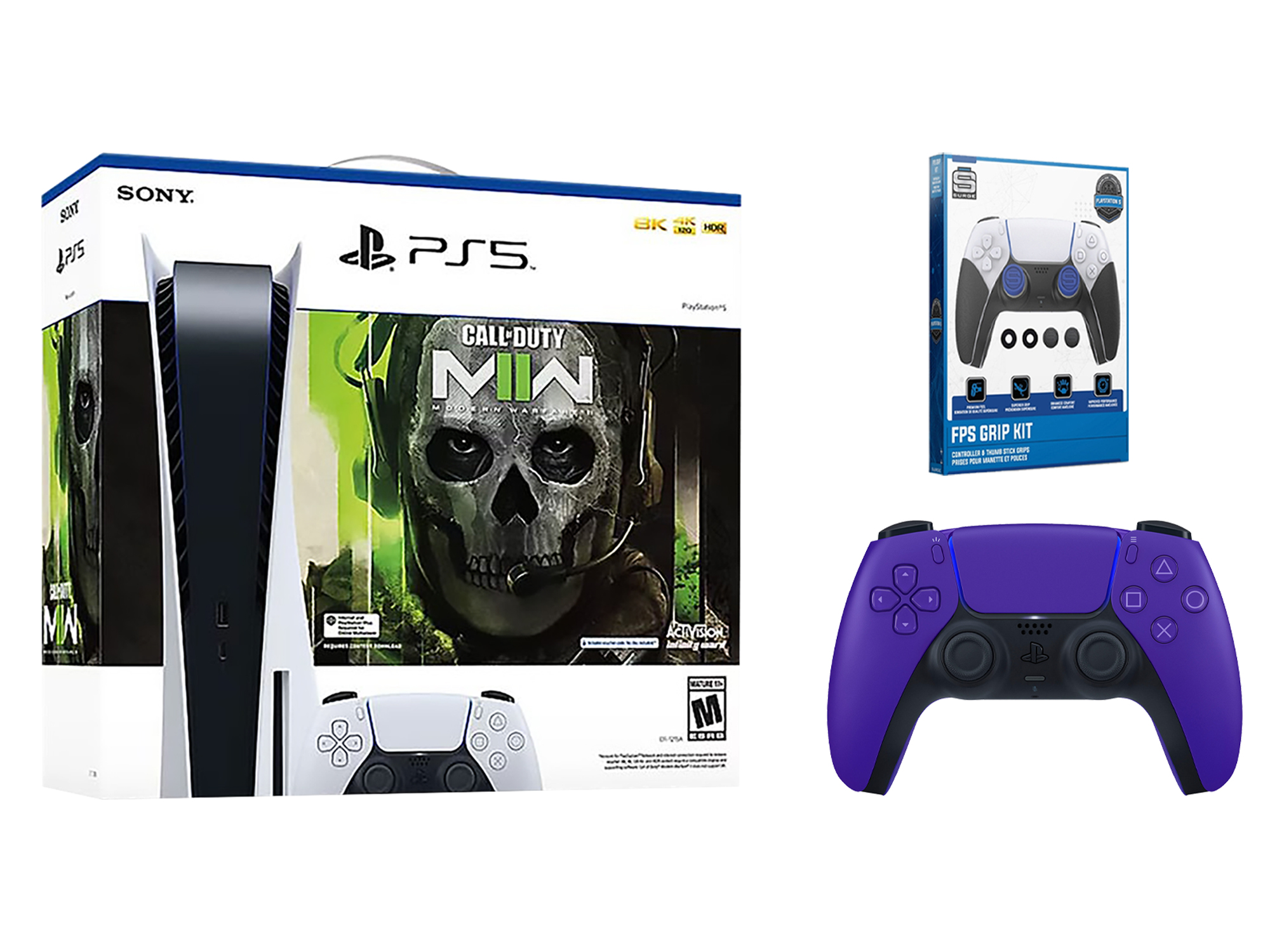 Sony Playstation 5 Disc Edition Call of Duty: Modern Warfare II Bundle with FPS Grip Kit and Extra Galactic Purple Controller