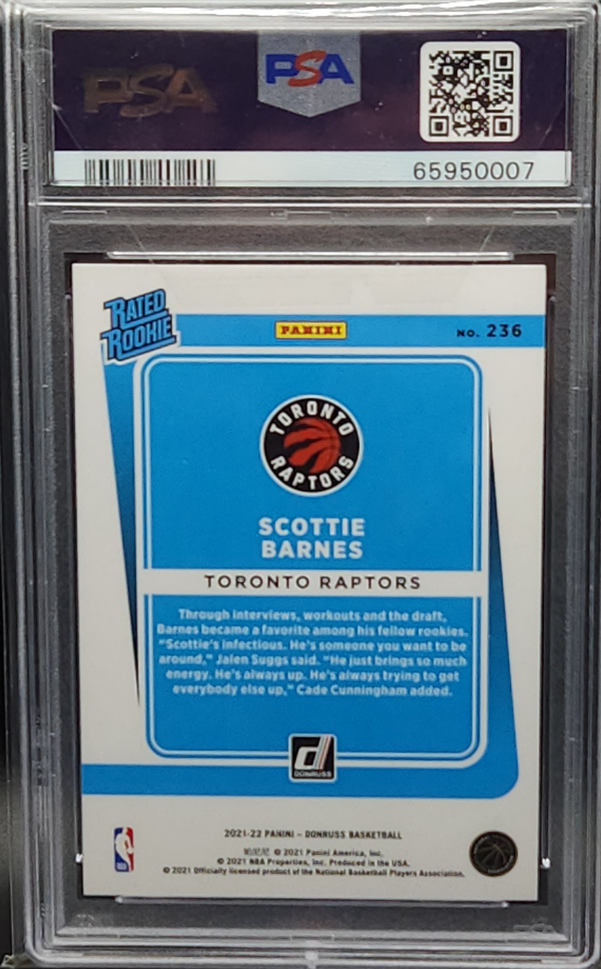 Scottie Barnes Toronto Raptors 2021 Donruss Rated Rookie Card #236 PSA 9 Mint