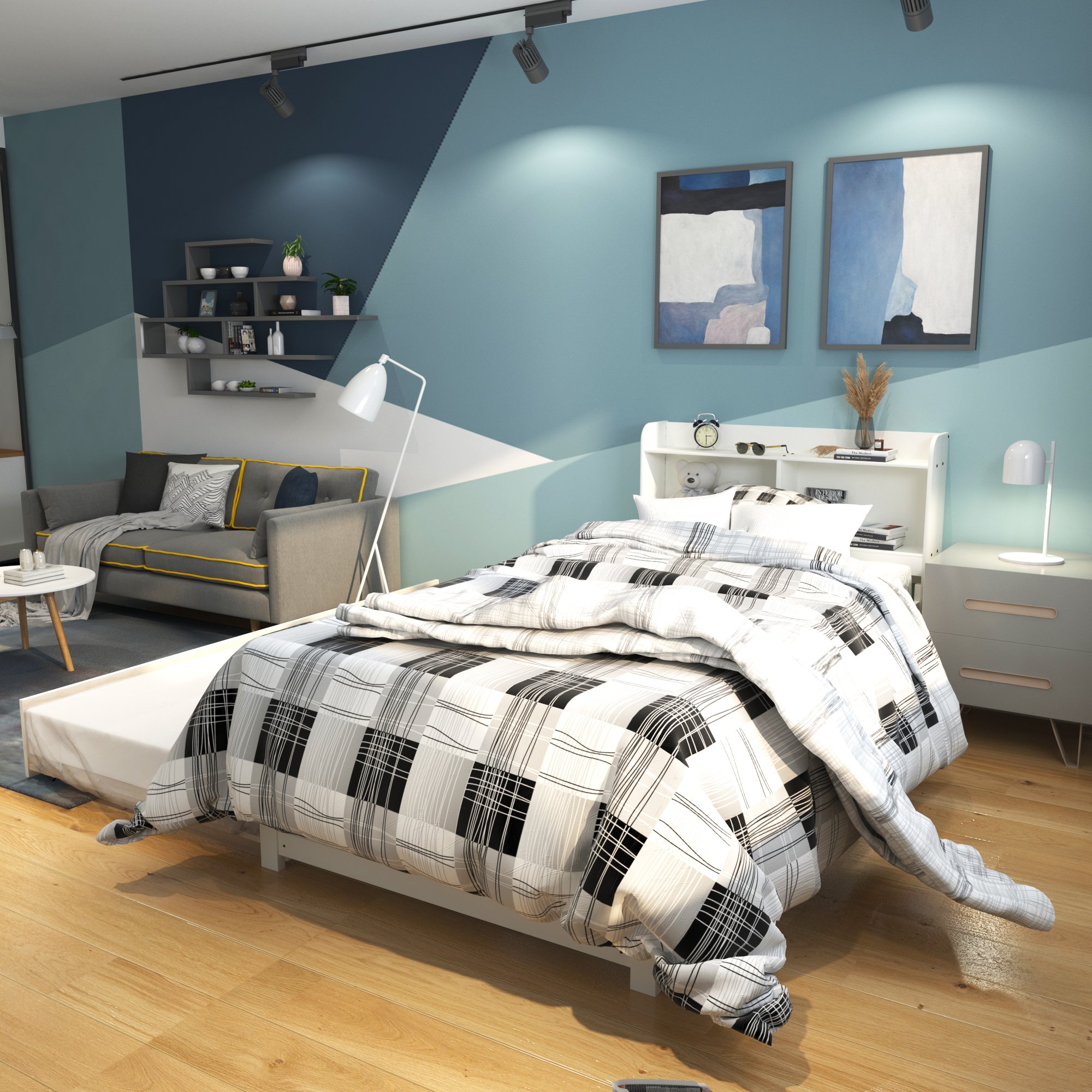 Single bed frame with casters and two solid wood storage headboards that can be used as bookcases and storage shelves with slat supports, no springs to install(White).