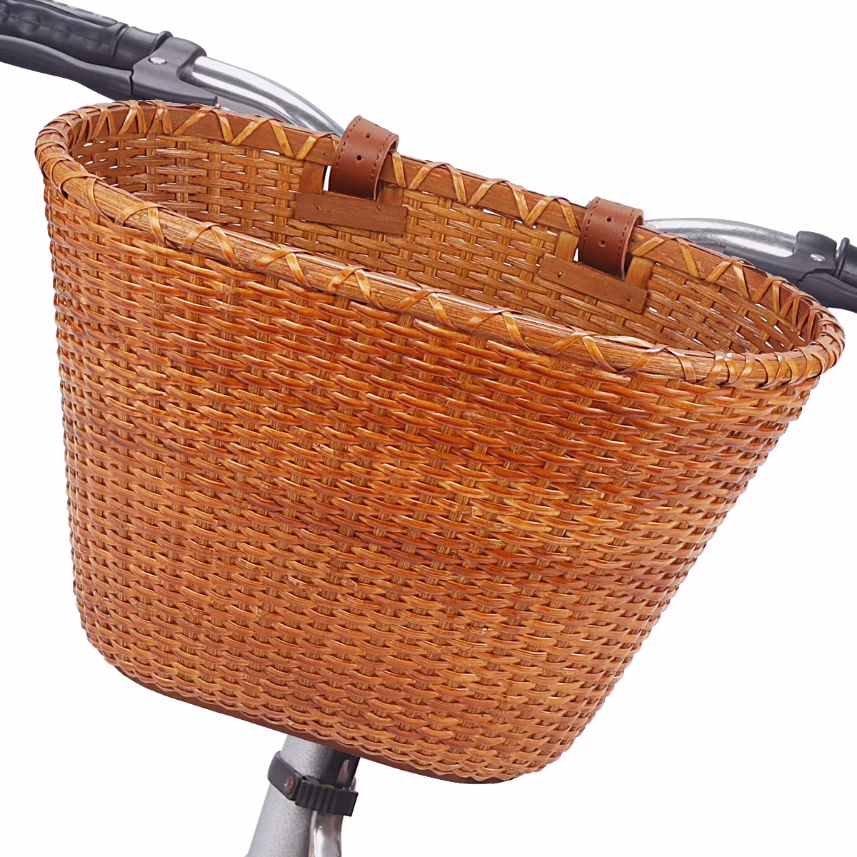 Livoccur Handmade Woven Rattan Bicycle Basket with Adjustable Leather Straps, Retro Style Front Bike Basket, Large