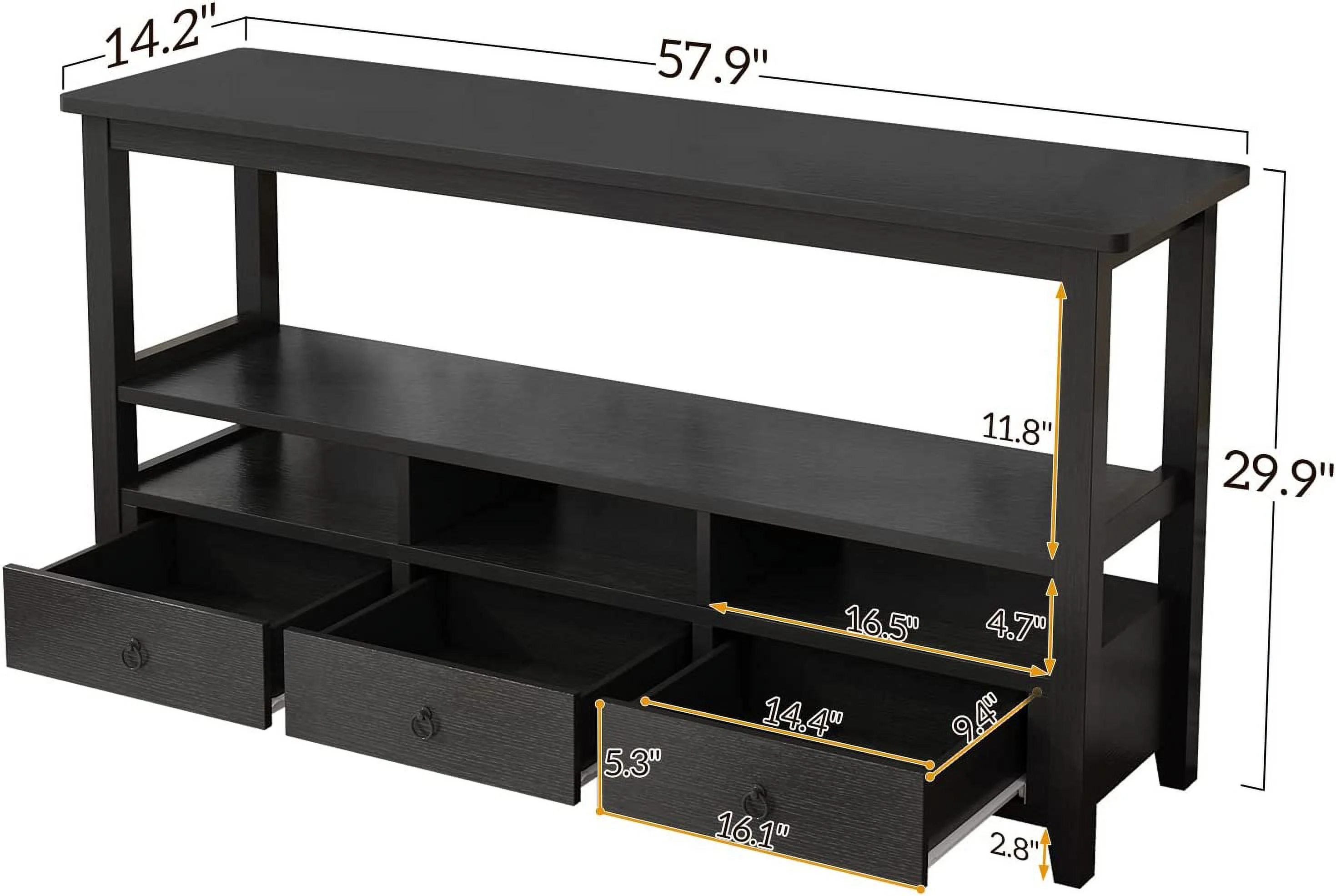 Knocbel Modern 3-Tier Wood Console Table Coffee Table Sofa Table with 3 Compartments, 3 Storage Drawers and Middle Shelf for Living Room Entry Bedroom, 57.9