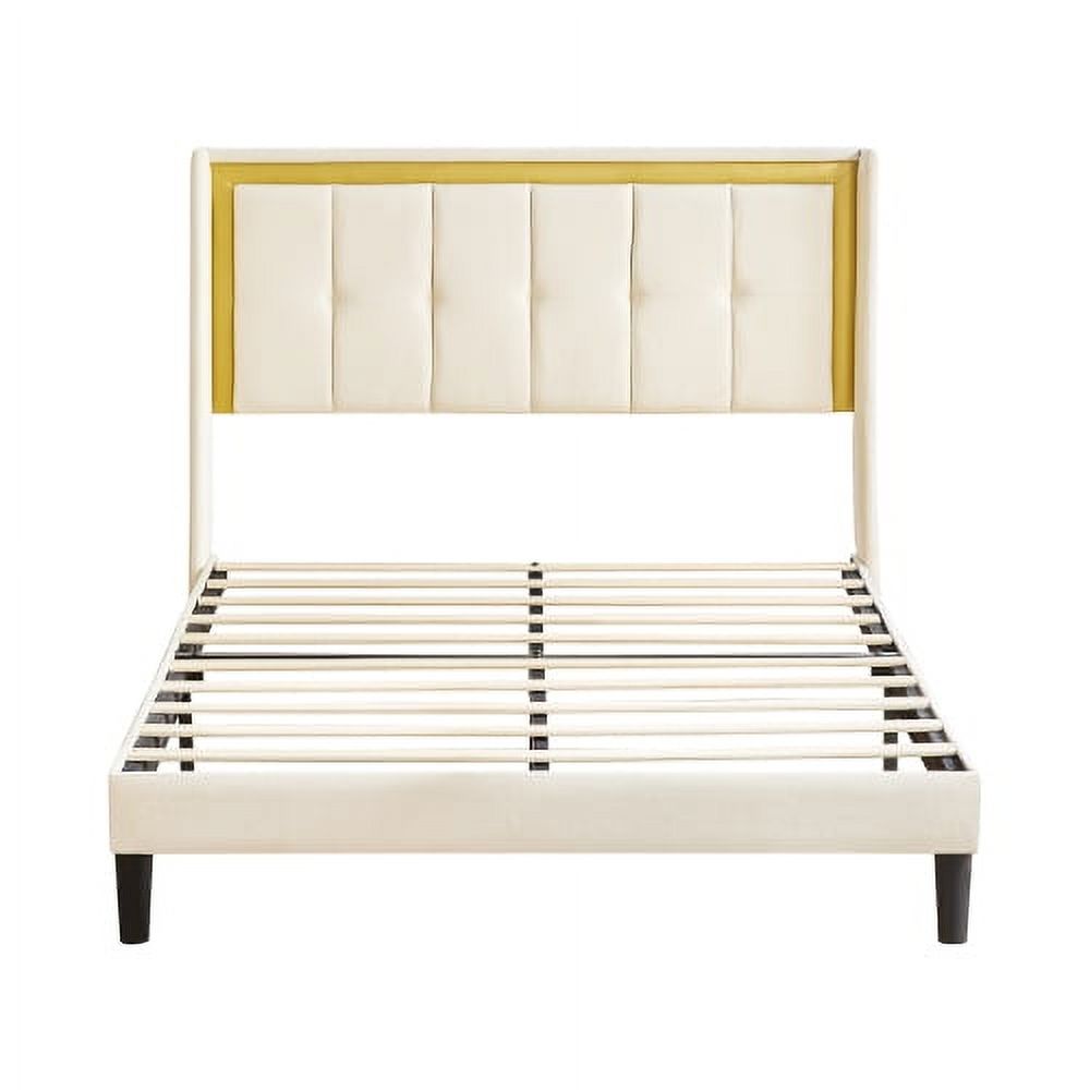 Bed Frame Queen Size No Box Spring Needed, Heavy Duty Upholstered Platform with Headboard, Easy Assembly, Noise Free, White