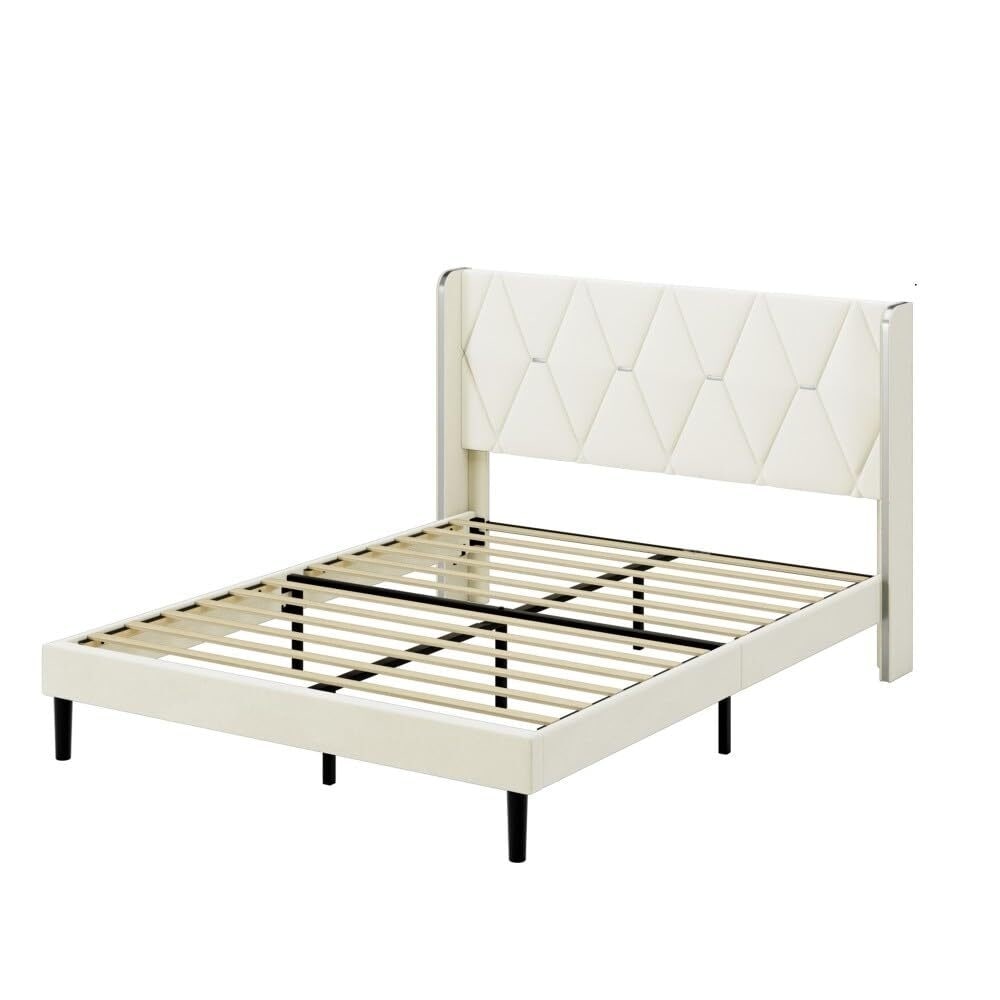Wingback Velvet Upholstered Platform Bed Frame King