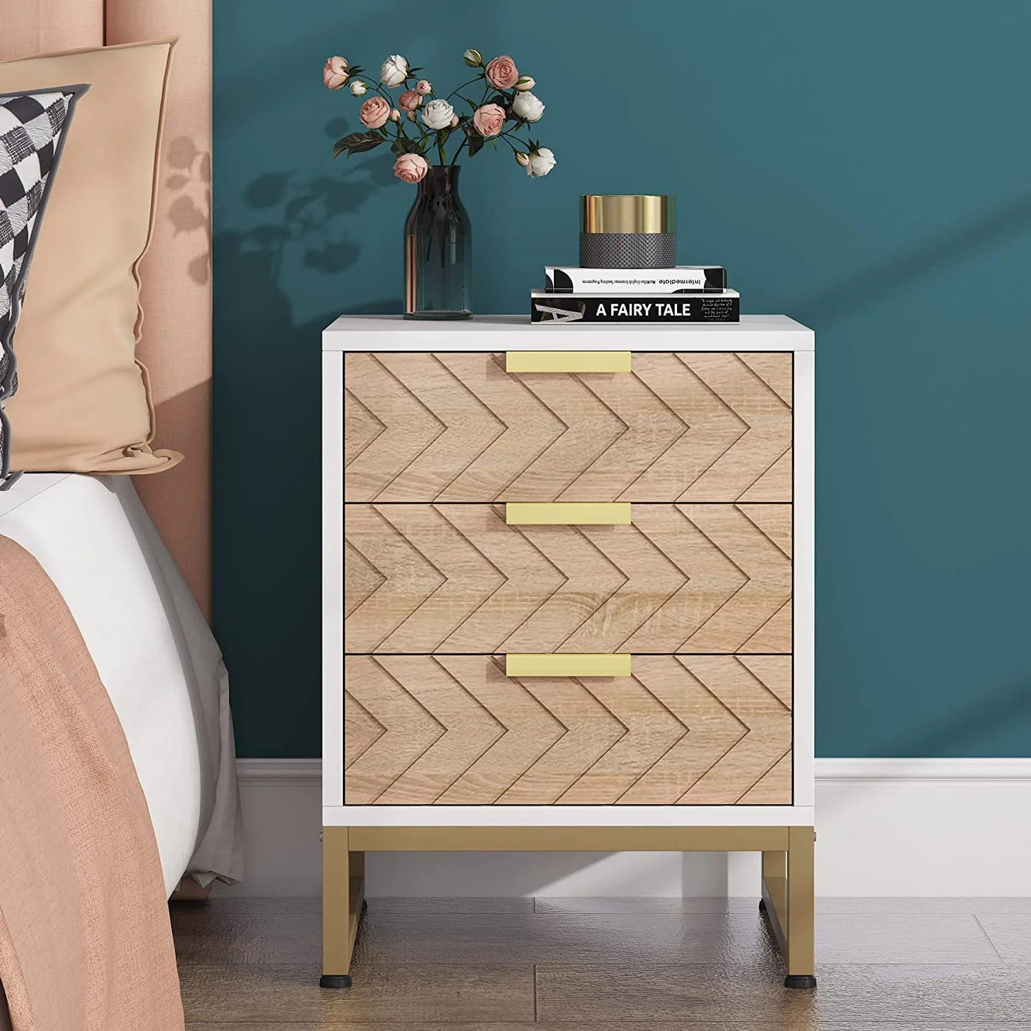Tribesigns Nightstand with 3 Storage Drawers, Modern Bedside Table with Metal Frame & Brown Ripple for Bedroom Living Room, White/Gold