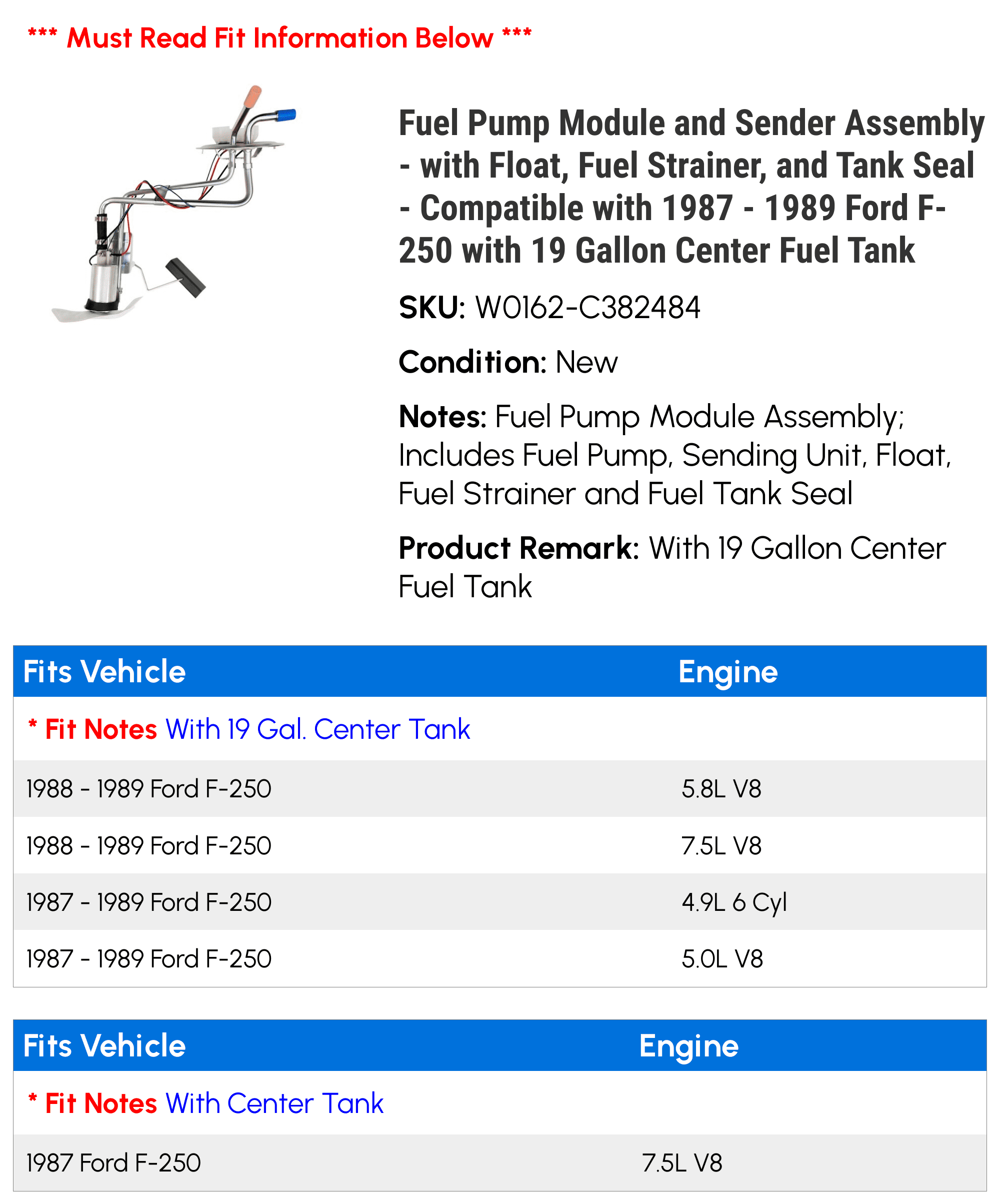 Fuel Pump Module and Sender Assembly - with Float, Fuel Strainer, and Tank Seal - Compatible with 1987 - 1989 Ford F-250 with 19 Gallon Center Fuel Tank 1988