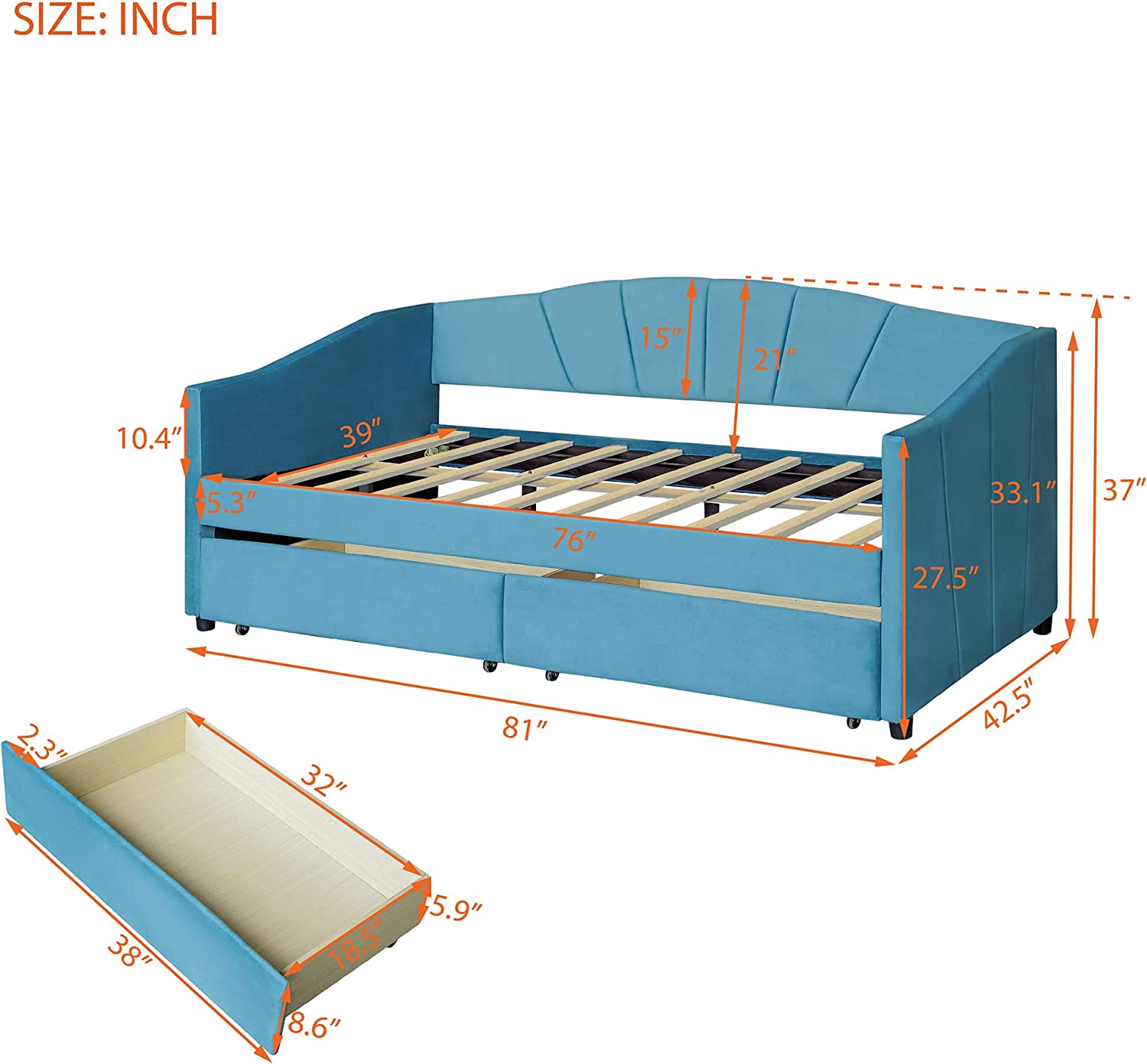 Upholstered Daybed With Storage Drawers,Wooden Daybed With 2 Drawers Underneath, Tufted Sofa Bed Daybed With Wood Slat Support For Bedroom,Living Room (,Blue)