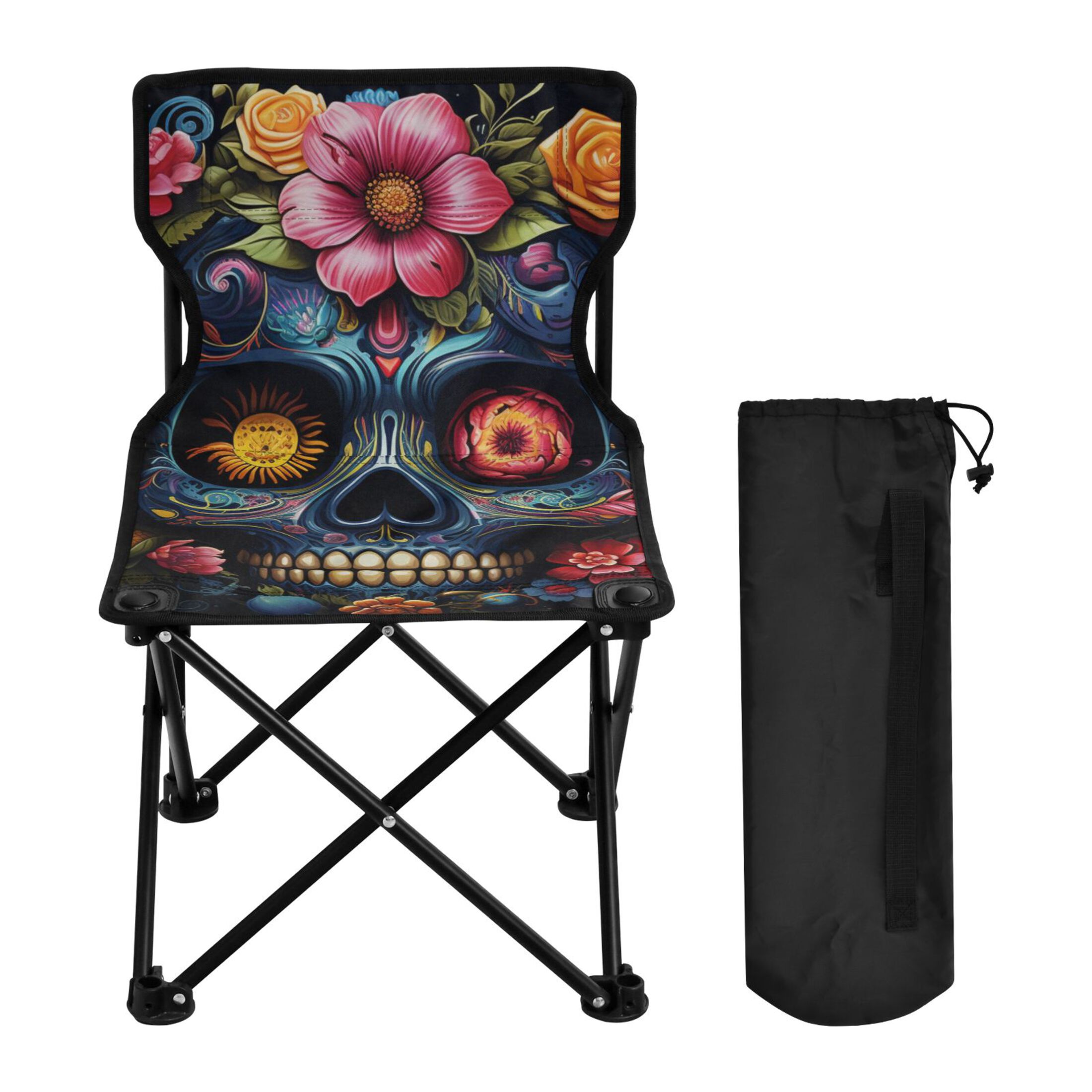 Skull Flower Eyes Colorful Portable Camping Chair Outdoor Folding Beach Chair Fishing Chair Lawn Chair with Carry Bag Support to 220LBS