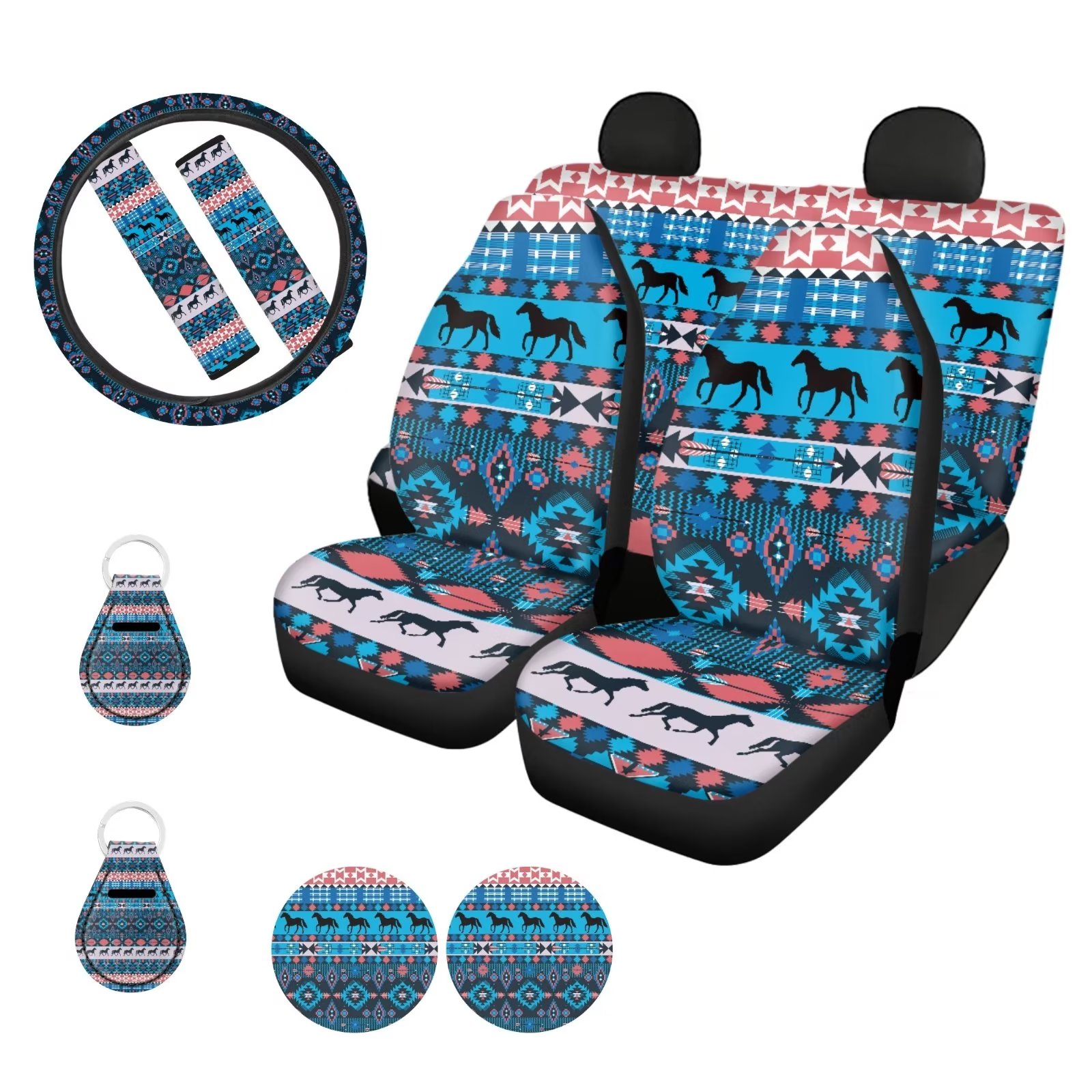 Binienty Car Seat Covers Full Set Aztec African Tribal Horse Auto Accessories,2 Keyring+2 Cup Coaster+2 Seatbelt Cover+1 Steering Wheel Cover+4 Sedan/Truck Front & Back Cushion Protectors