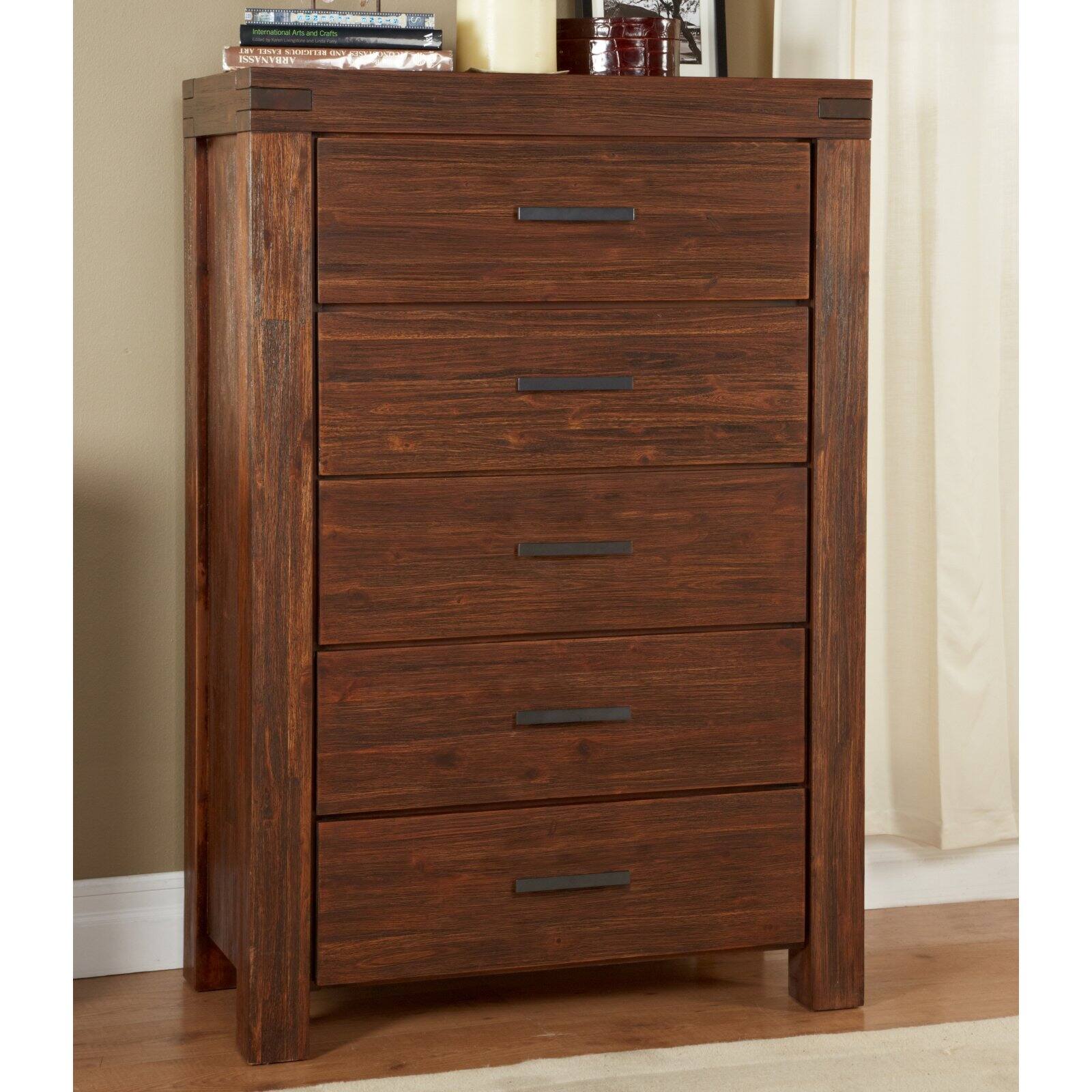 Modus Furniture Meadow 5 Drawer Solid Wood Chest in Brick Brown