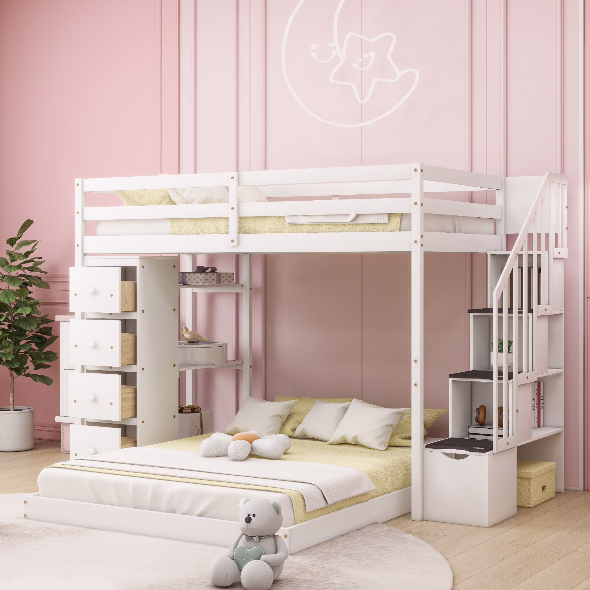 CoSoTower Twin Over Full Bunk Bed with 3-Layer Shelves, Drawers and Storage Stairs, White