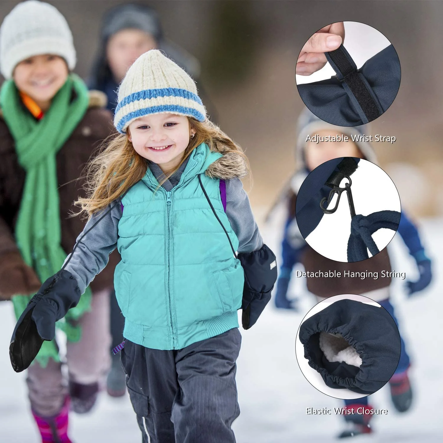 MCTi Kids Mittens Waterproof Winter Ski Warm Sherpa Lined Long Cuff with String