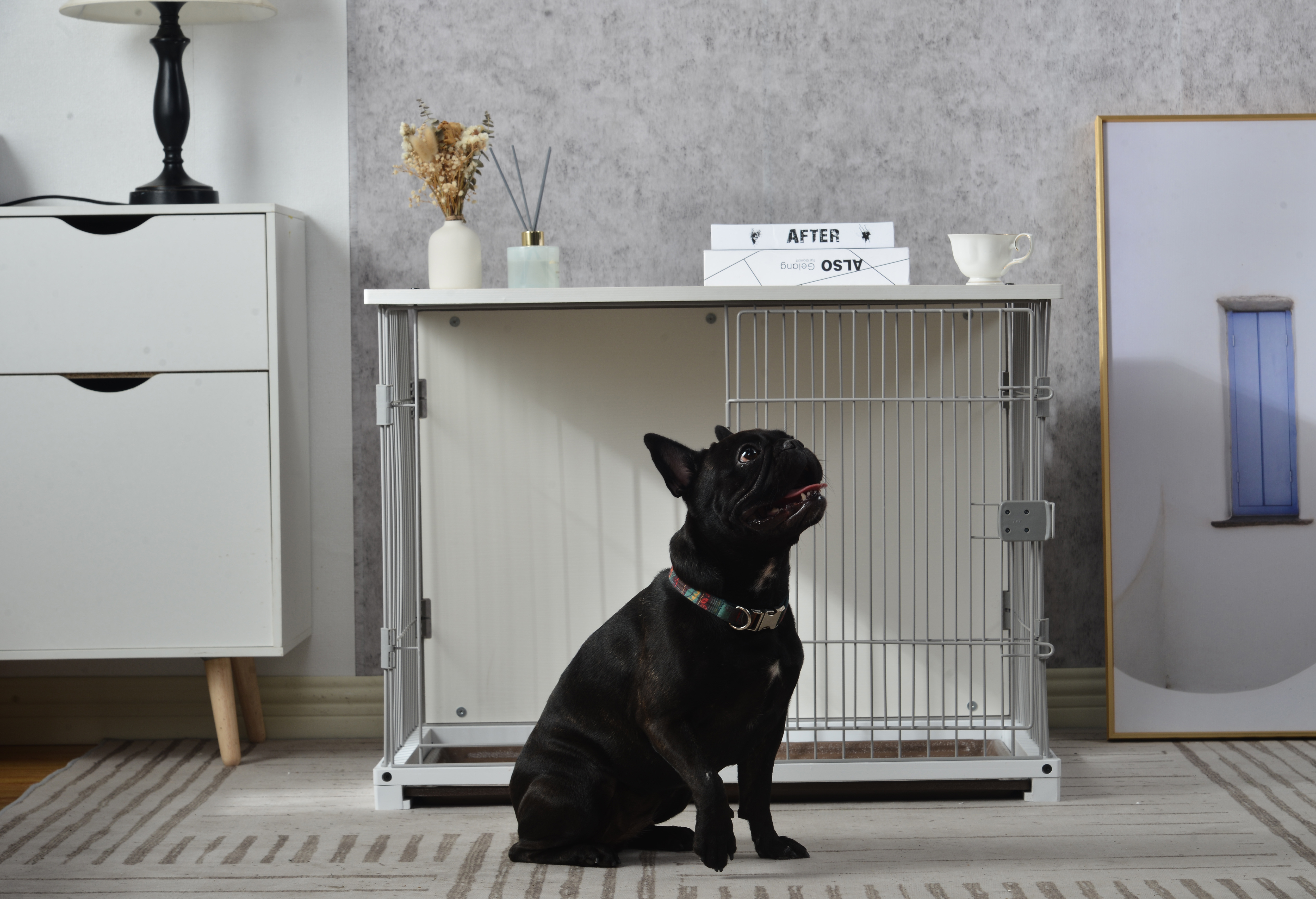 LANTRO JS 34 Length Elegant Wooden Structure White Dog Cage Crate, End Table with movable salver, Decorative Dog House Cage Indoor Use, Furniture style, with wide table top.