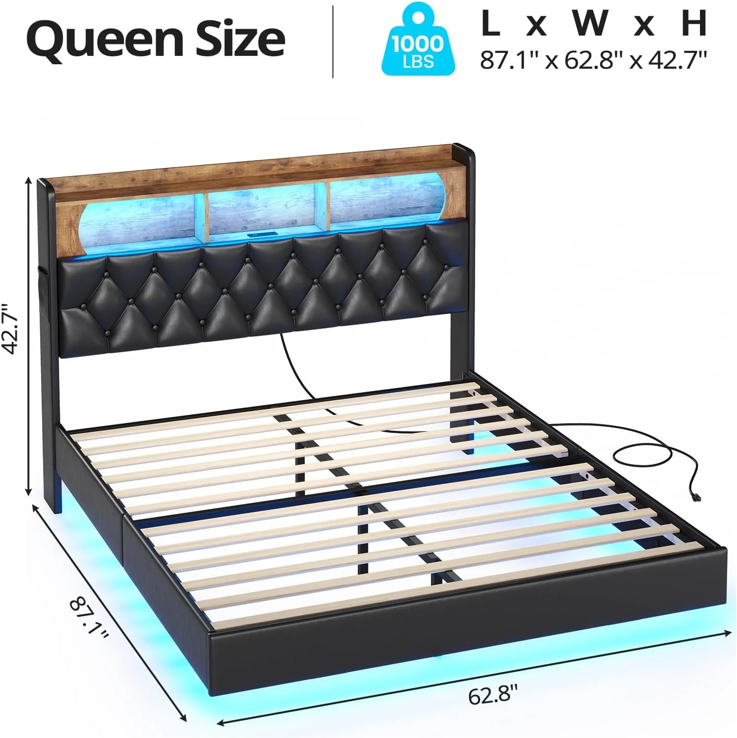 Queen Size Floating Bed Frame with LED Light&Charging Station, Upholstered Platform Bed with Storage Headboard, Noise-Free, Black
