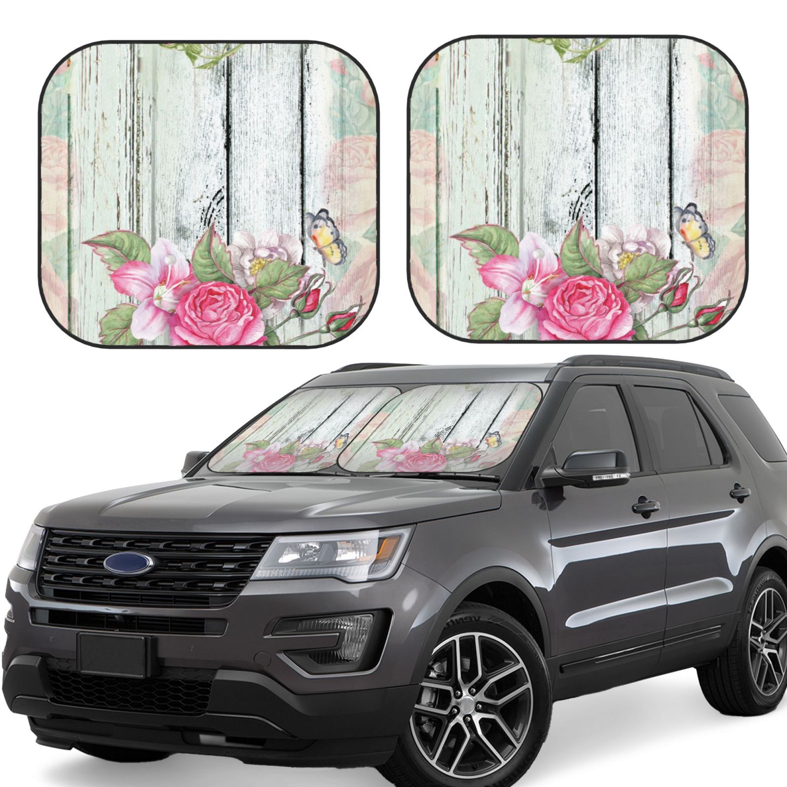 Lukts Vintage Wood With Floral Print 2 Piece Car Sun Shade Windshield,Foldable Car Shade Front Windshield With Keeps Your Vehicle Cool, For Most Sedans Suv And Trucks - Small
