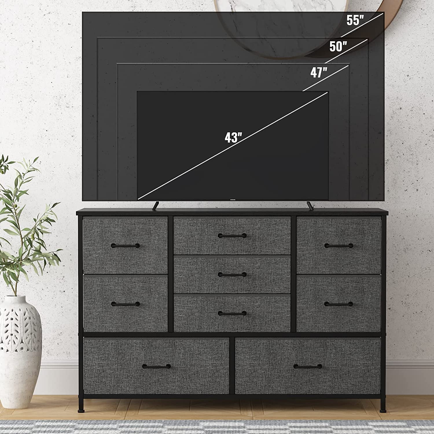 Wide Dresser with 9 Large Drawers for 55'' Long TV Stand Entertainment Center,Wood Shelf Storage for ,,Closet,,Sturdy Metal Frame（Dark Grey）