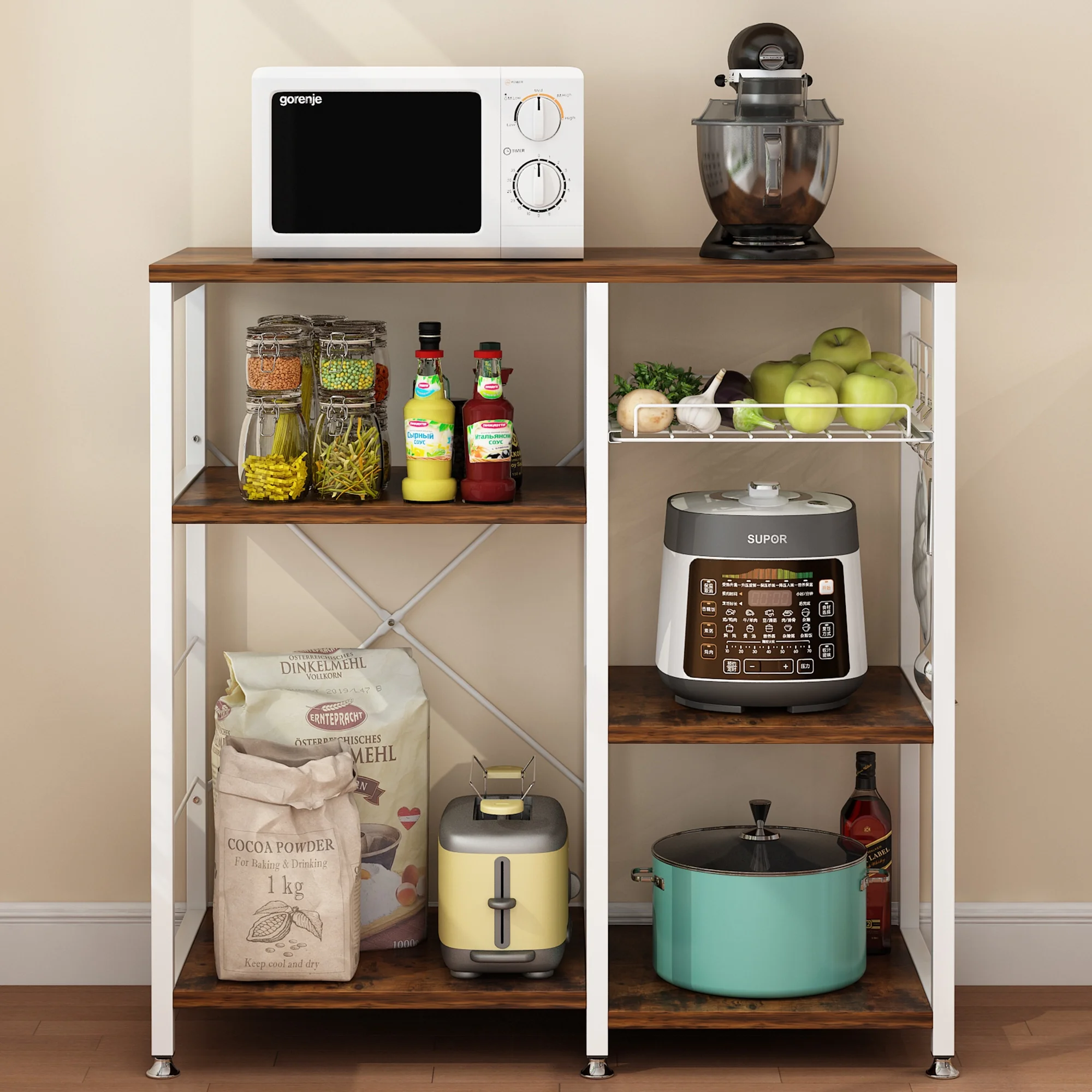 Winado 5 Tiers Vintage Kitchen Baker's Rack Microwave Oven Stand with Kitchen Storage Shelf Rack Hooks, Rustic Brown and Metal Frame