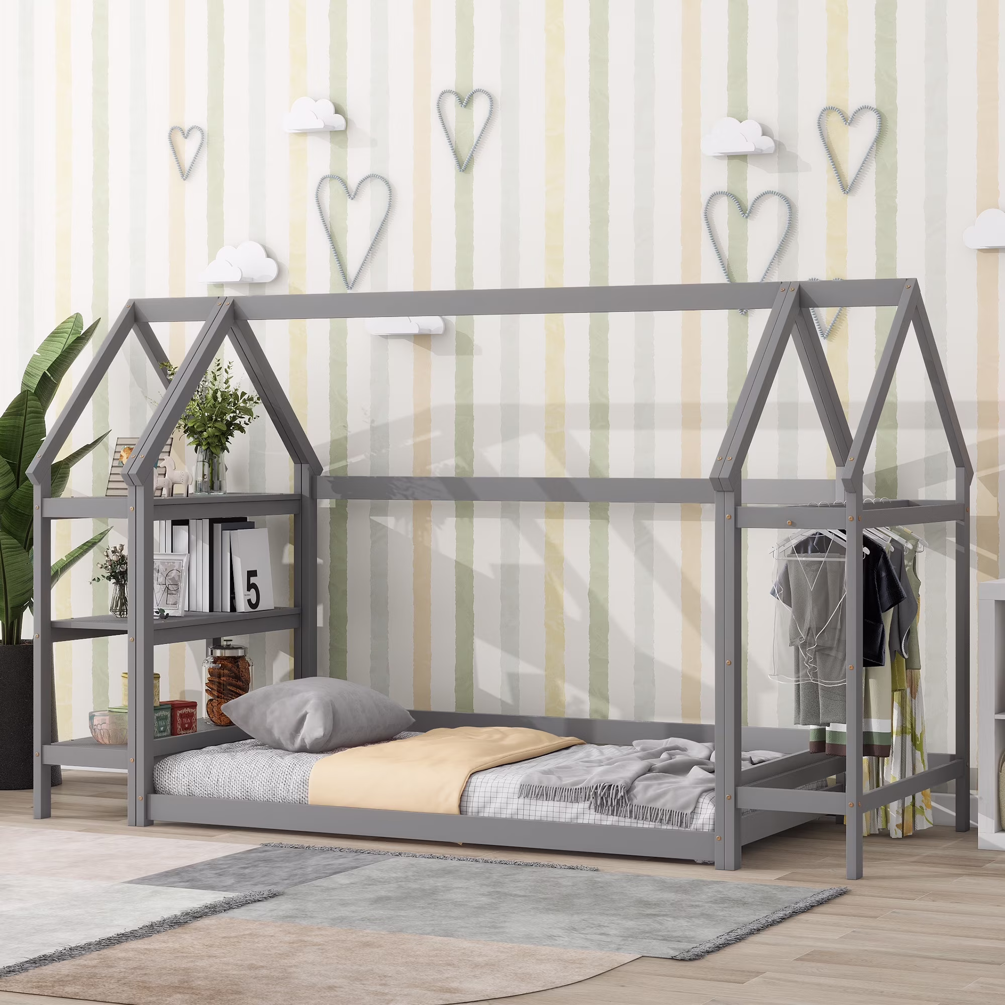 Euroco Wood Twin House-Shaped Floor Bed with Moveable Shelf and Wardrobe for Kids, Gray