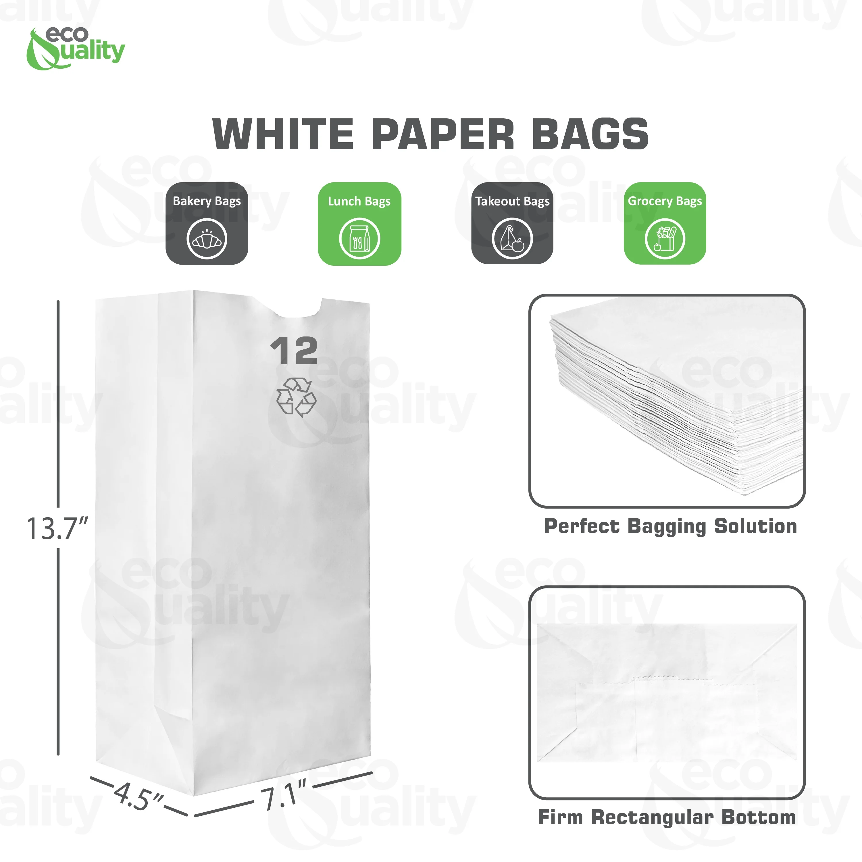 Paper Lunch Bags 12 Lb White Paper Bags 12LB Capacity - Kraft White Paper Bags, Bakery Bags, Candy Bags, Lunch Bags, Grocery Bags, Craft Bags - #12 Large Lunch Paper Bags by EcoQuality (500, #12)