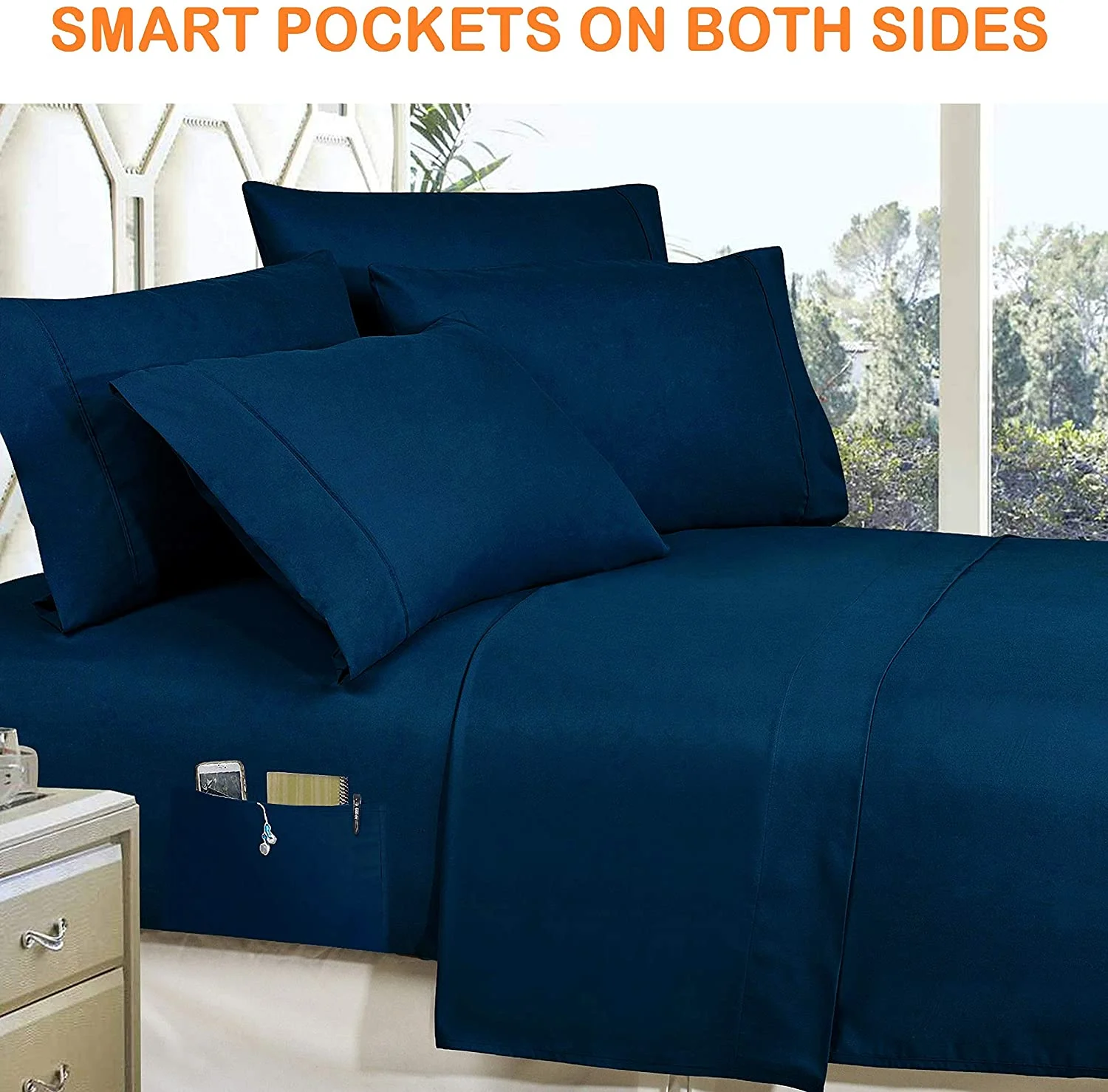 10-Pieces Cindyrealla Multiruffle Comforter Set, Includes Bed Sheet Set with Double Sided Smart Storage Pockets, King/Cal King, Navy Blue