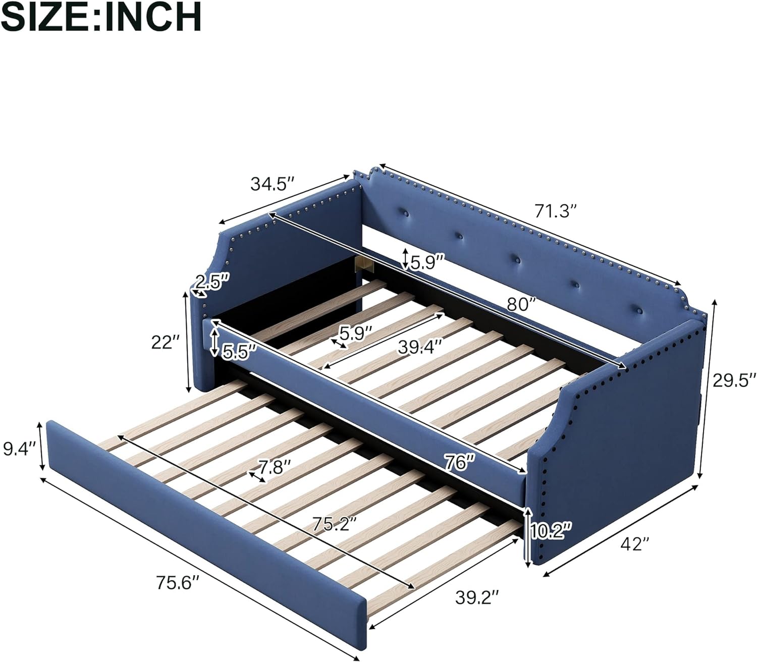 Daybed With Trundle, Upholstered Wood Daybed With Trundle, Size Trundle Daybed Sofa Bed For Bedroom Living Room,No Box Spring Needed,Blue