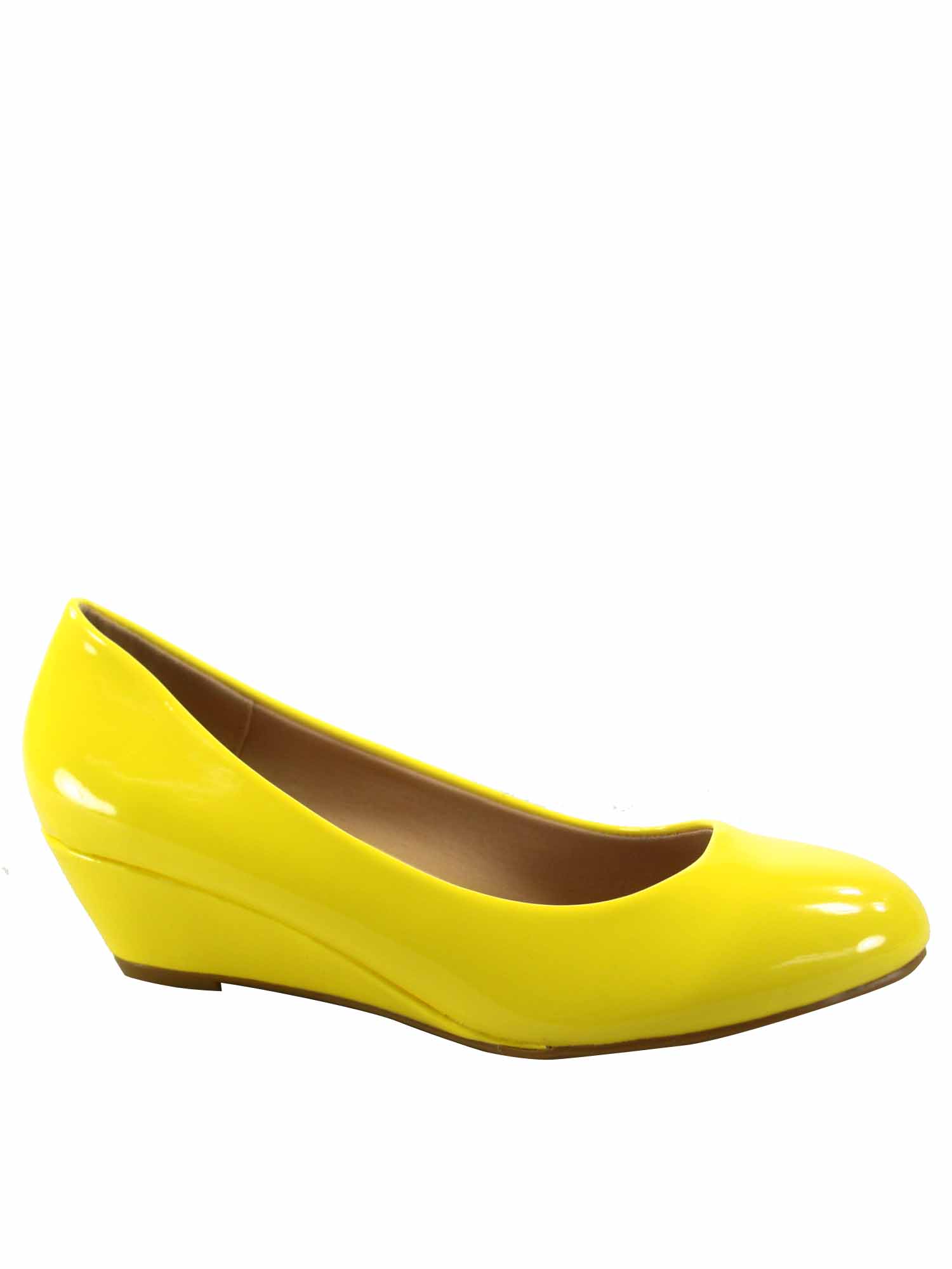 Fisher-8 Women's Slip On Patent Round Toe Low Wedge Heel Pump Shoes ( Yellow, 5.5)