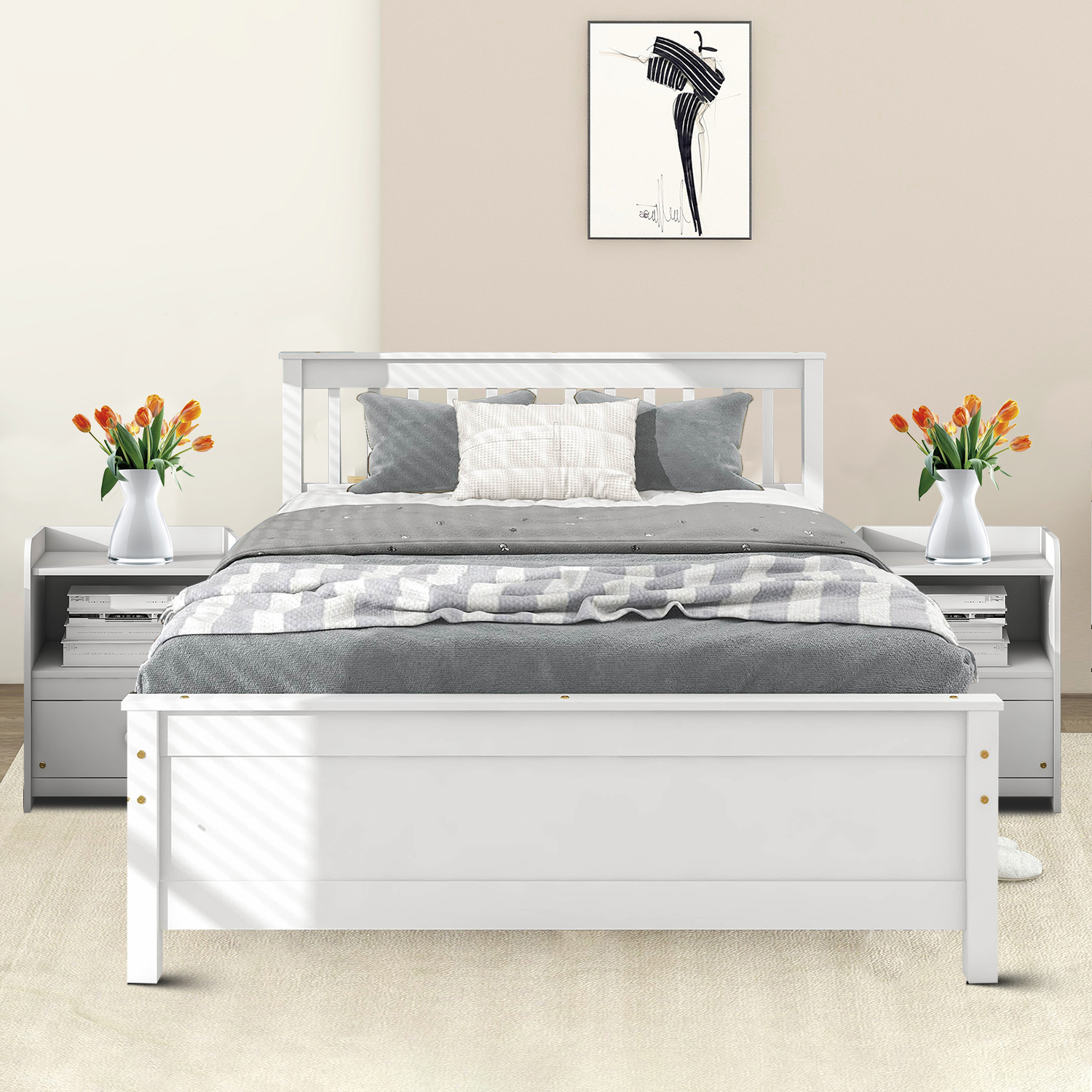 Classic Minimalist Style Full Size Wooden Platform Bed with Two Nightstands, Headboard and Footboard, White