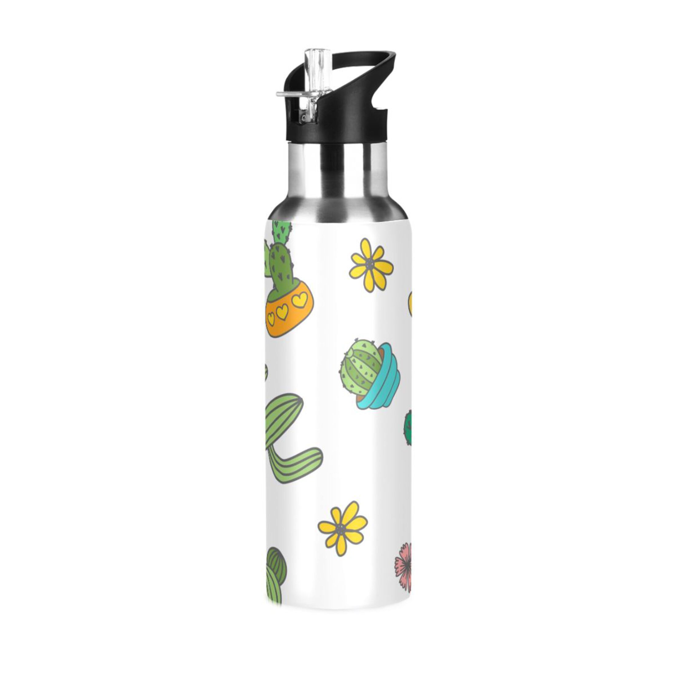 Water Bottle with Straw Lid Leak Cartoon Plant Cactus and Flower Stainless Steel Insulated Thermos Vacuum Flask for Cold Hot Drinking for Sports Camping Gym Yoga
