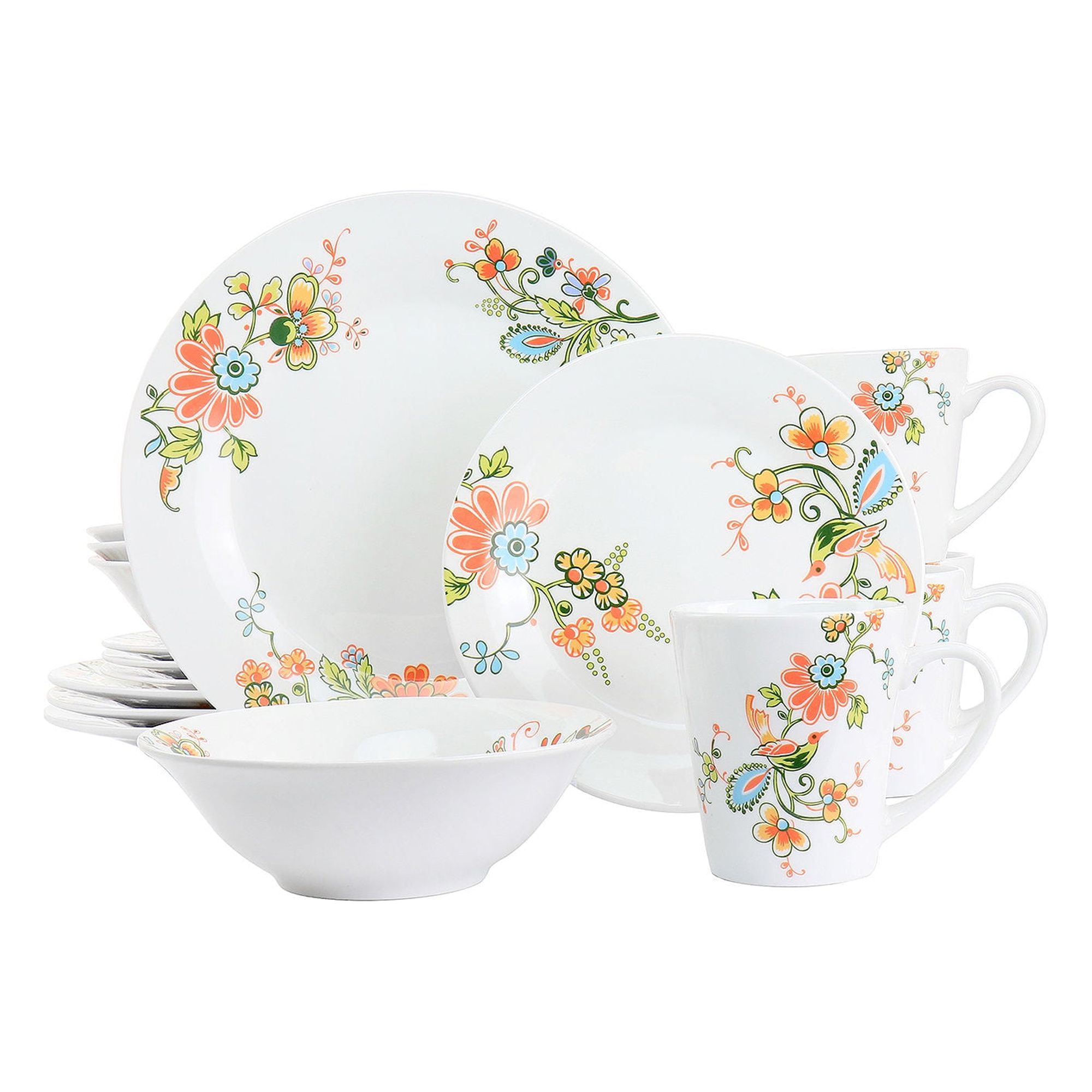 Elama Spring Bloom 16 Piece Round Porcelain Dinnerware Set