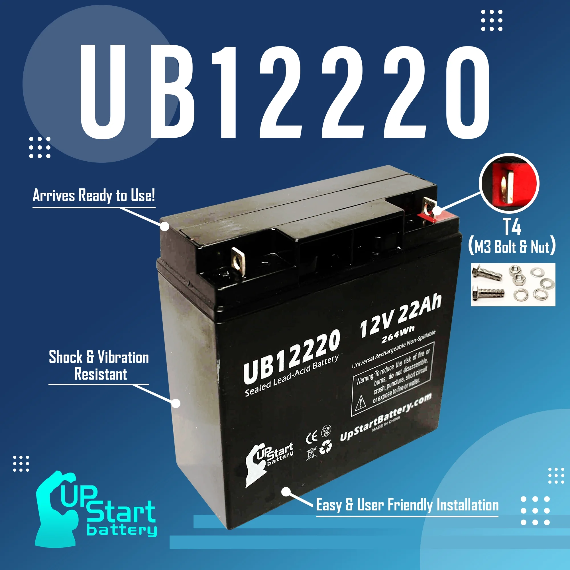 3x Pack - Compatible YUASA NP1712 Battery - Replacement UB12220 Universal Sealed Lead Acid Battery (12V, 22Ah, 22000mAh, T4 Terminal, AGM, SLA)
